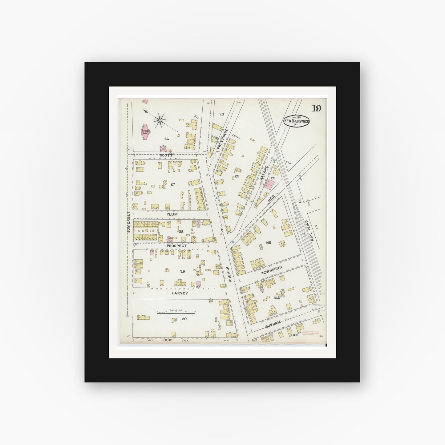 Old map wall art mockup — black gallery frame with white mat — Sanborn Fire Insurance Map from New Brunswick, Middlesex County, New Jersey (1892), Sheet #0019