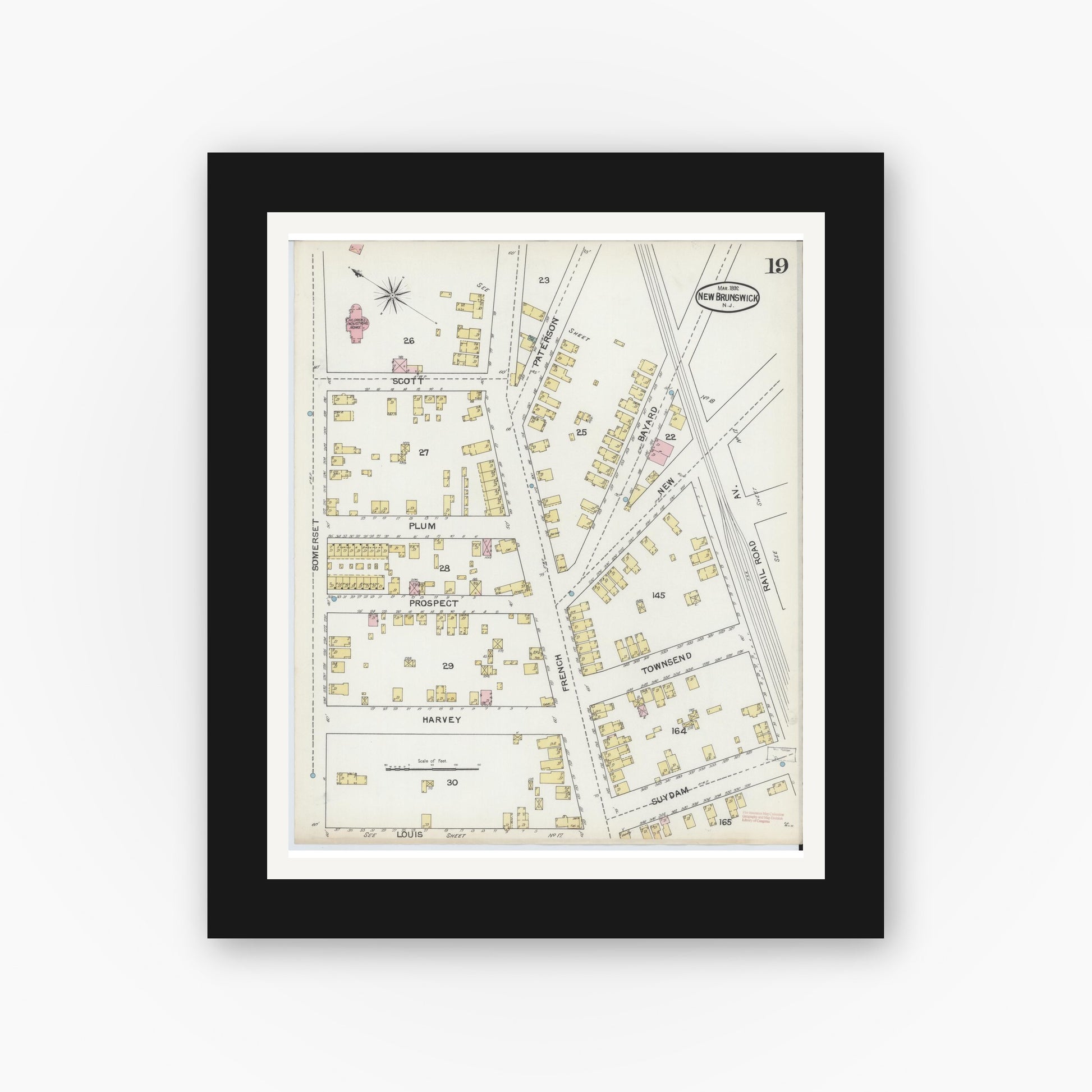 Old map wall art mockup — black gallery frame with white mat — Sanborn Fire Insurance Map from New Brunswick, Middlesex County, New Jersey (1892), Sheet #0019