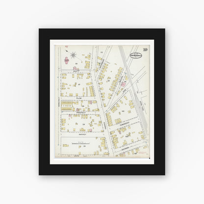 Old map wall art mockup — black gallery frame with white mat — Sanborn Fire Insurance Map from New Brunswick, Middlesex County, New Jersey (1892), Sheet #0019