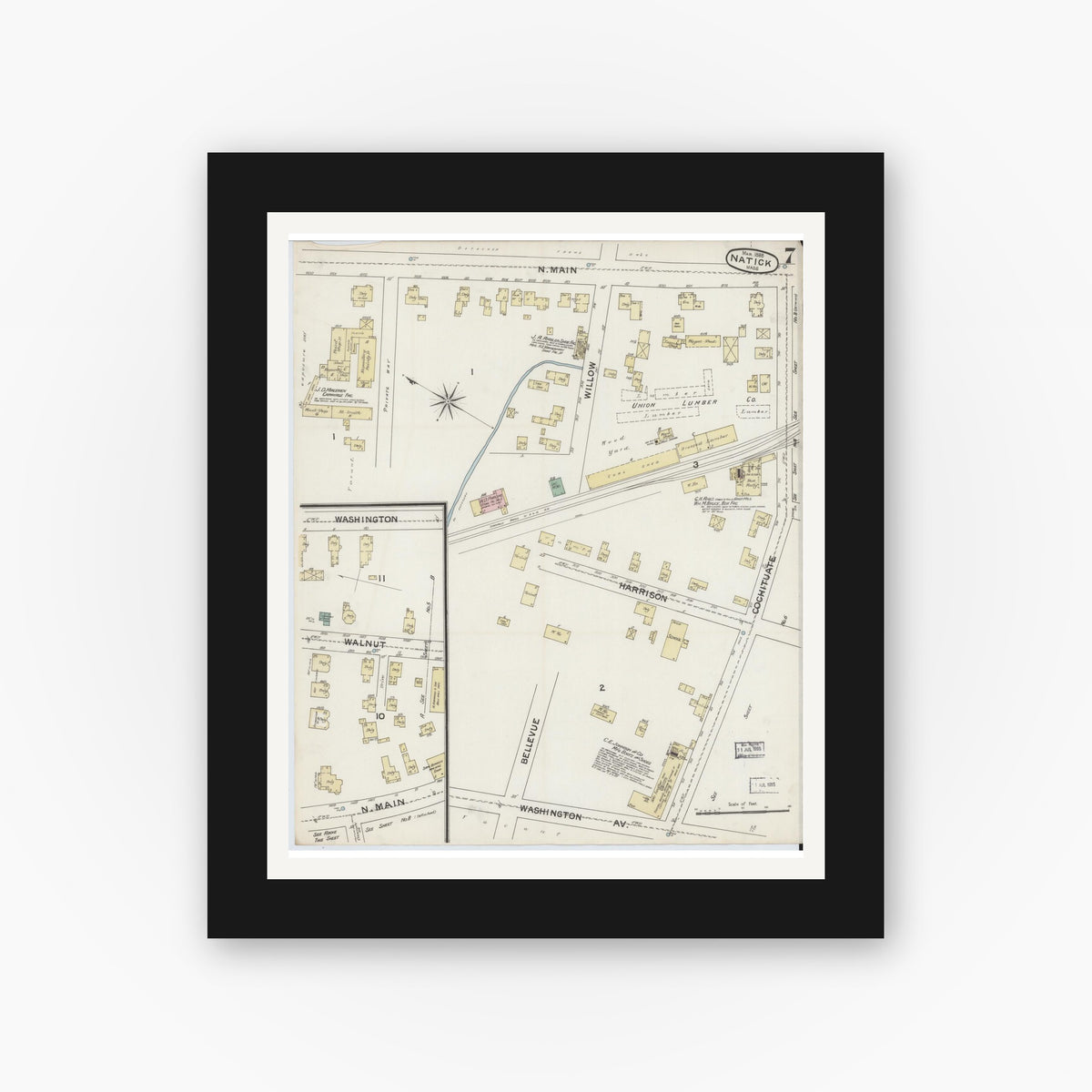 Old map wall art mockup — black gallery frame with white mat — Sanborn Fire Insurance Map from Natick, Middlesex County, Massachusetts (1888), Sheet #0007