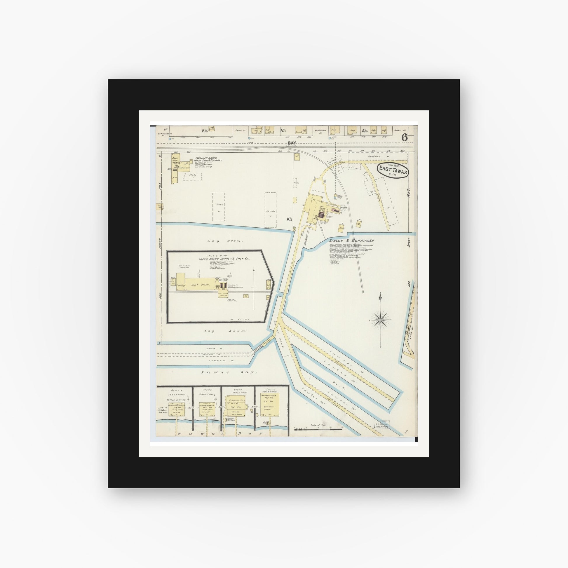 Old map wall art mockup — black gallery frame with white mat — Sanborn Fire Insurance Map from East Tawas, Iosco County, Michigan (1890), Sheet #0006