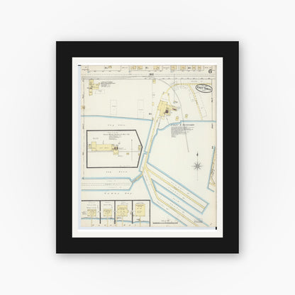 Old map wall art mockup — black gallery frame with white mat — Sanborn Fire Insurance Map from East Tawas, Iosco County, Michigan (1890), Sheet #0006