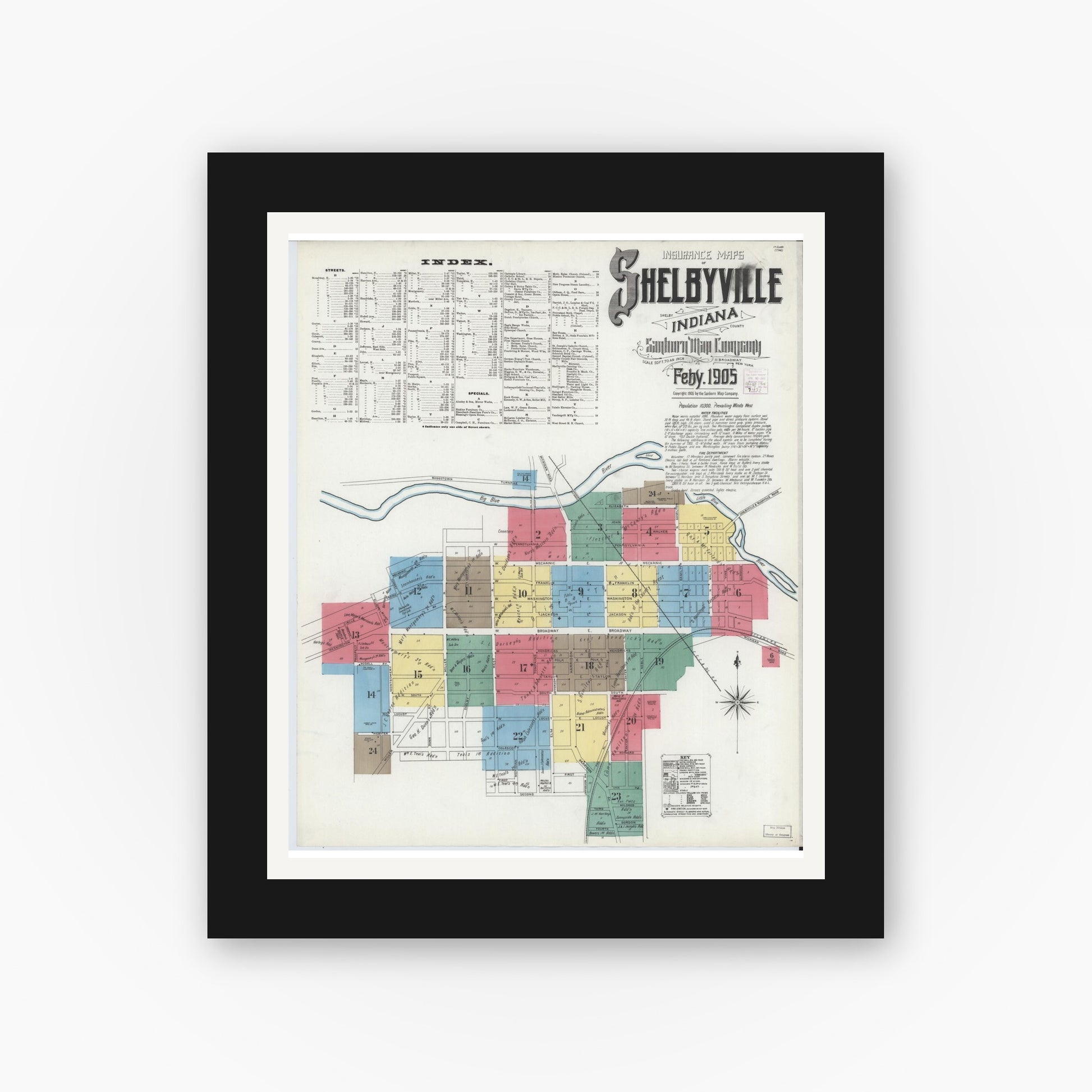 Old map wall art mockup — black gallery frame with white mat — Sanborn Fire Insurance Map from Shelbyville, Shelby County, Indiana (1905), Sheet #0001