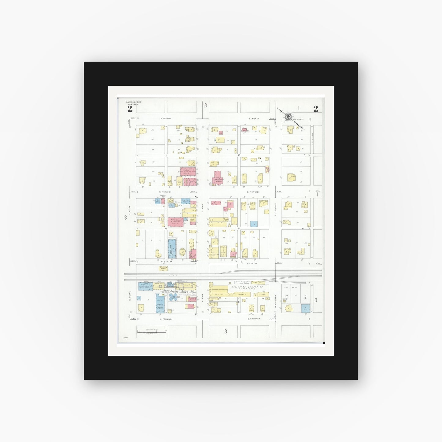 Old map wall art mockup — black gallery frame with white mat — Sanborn Fire Insurance Map from Hilliards, Franklin County, Ohio (1946), Sheet #0002