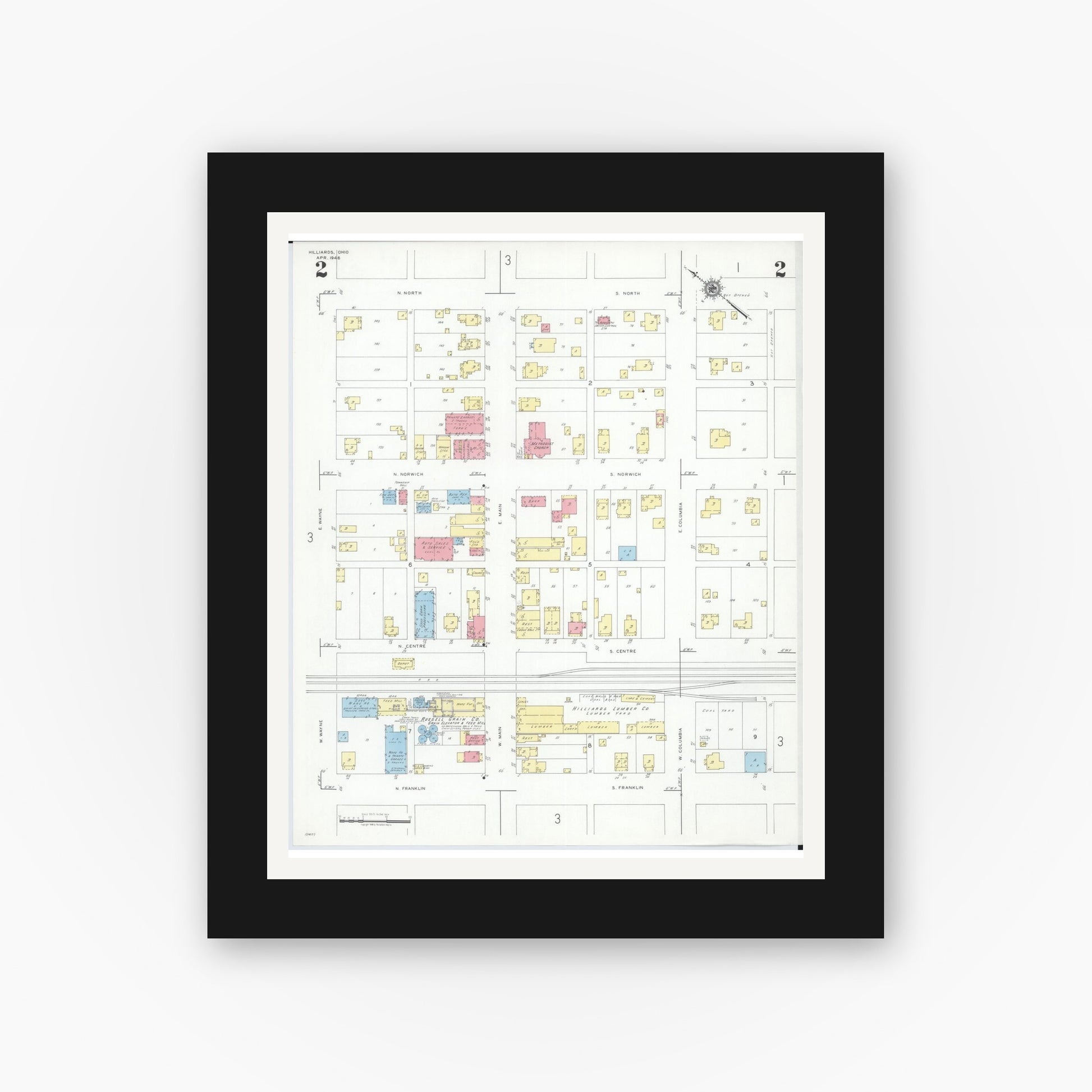Old map wall art mockup — black gallery frame with white mat — Sanborn Fire Insurance Map from Hilliards, Franklin County, Ohio (1946), Sheet #0002