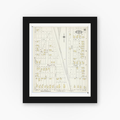 Old map wall art mockup — black gallery frame with white mat — Sanborn Fire Insurance Map from Bellefontaine, Logan County, Ohio (1914), Sheet #0011