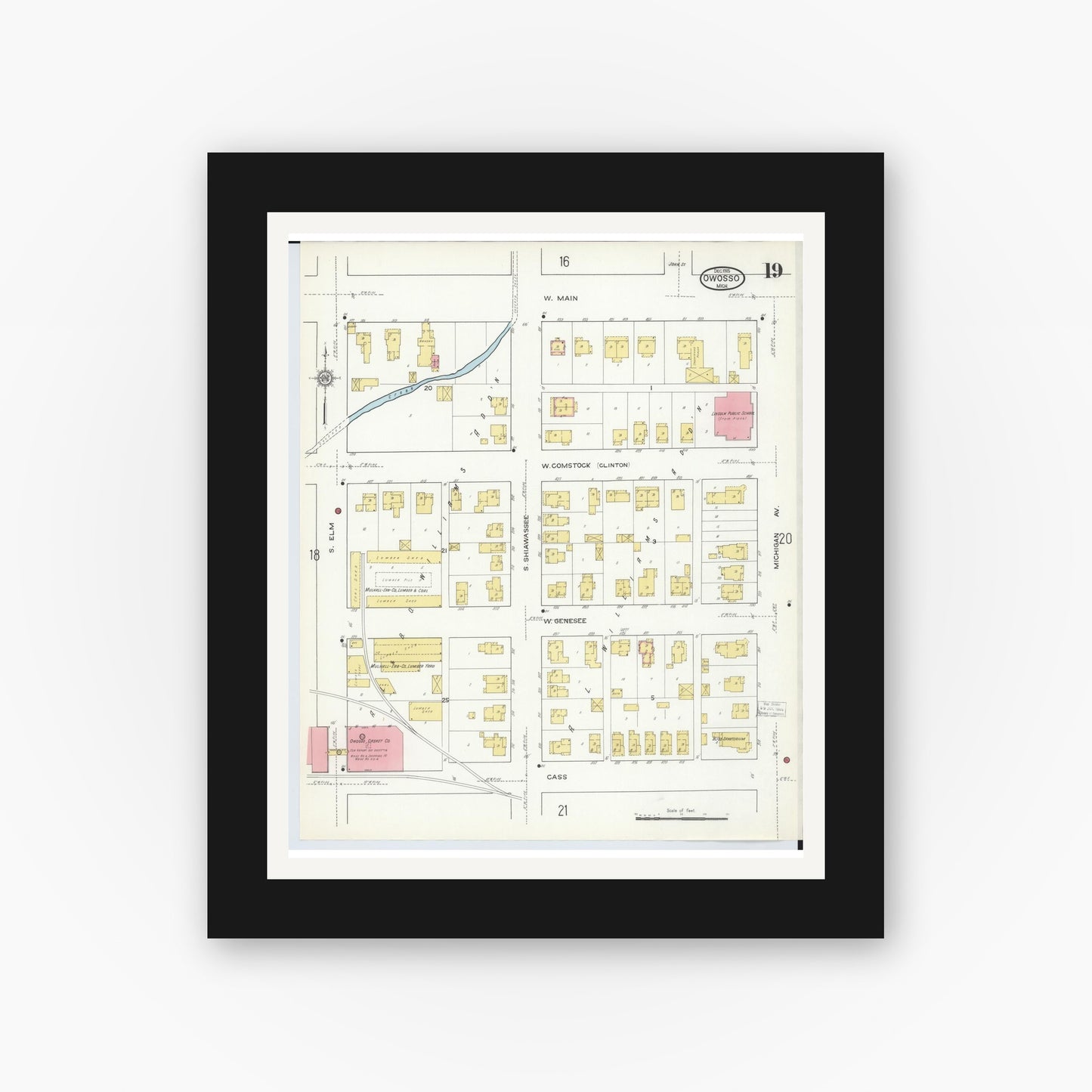 Old map wall art mockup — black gallery frame with white mat — Sanborn Fire Insurance Map from Owosso, Shiawassee County, Michigan (1915), Sheet #0019