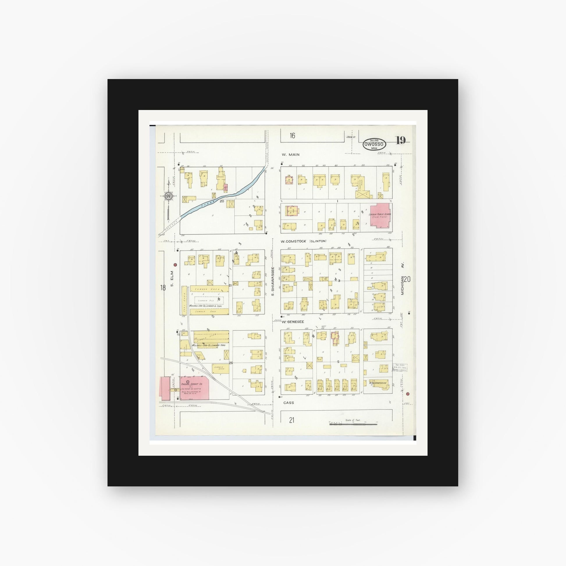 Old map wall art mockup — black gallery frame with white mat — Sanborn Fire Insurance Map from Owosso, Shiawassee County, Michigan (1915), Sheet #0019