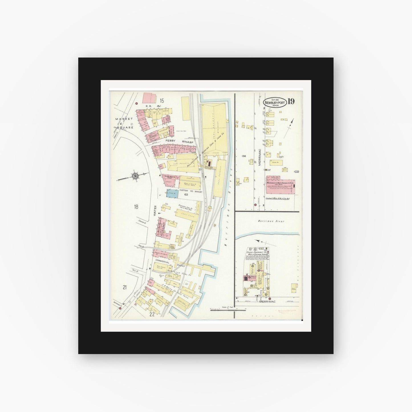 Old map wall art mockup — black gallery frame with white mat — Sanborn Fire Insurance Map from Newburyport, Essex County, Massachusetts (1914), Sheet #0019
