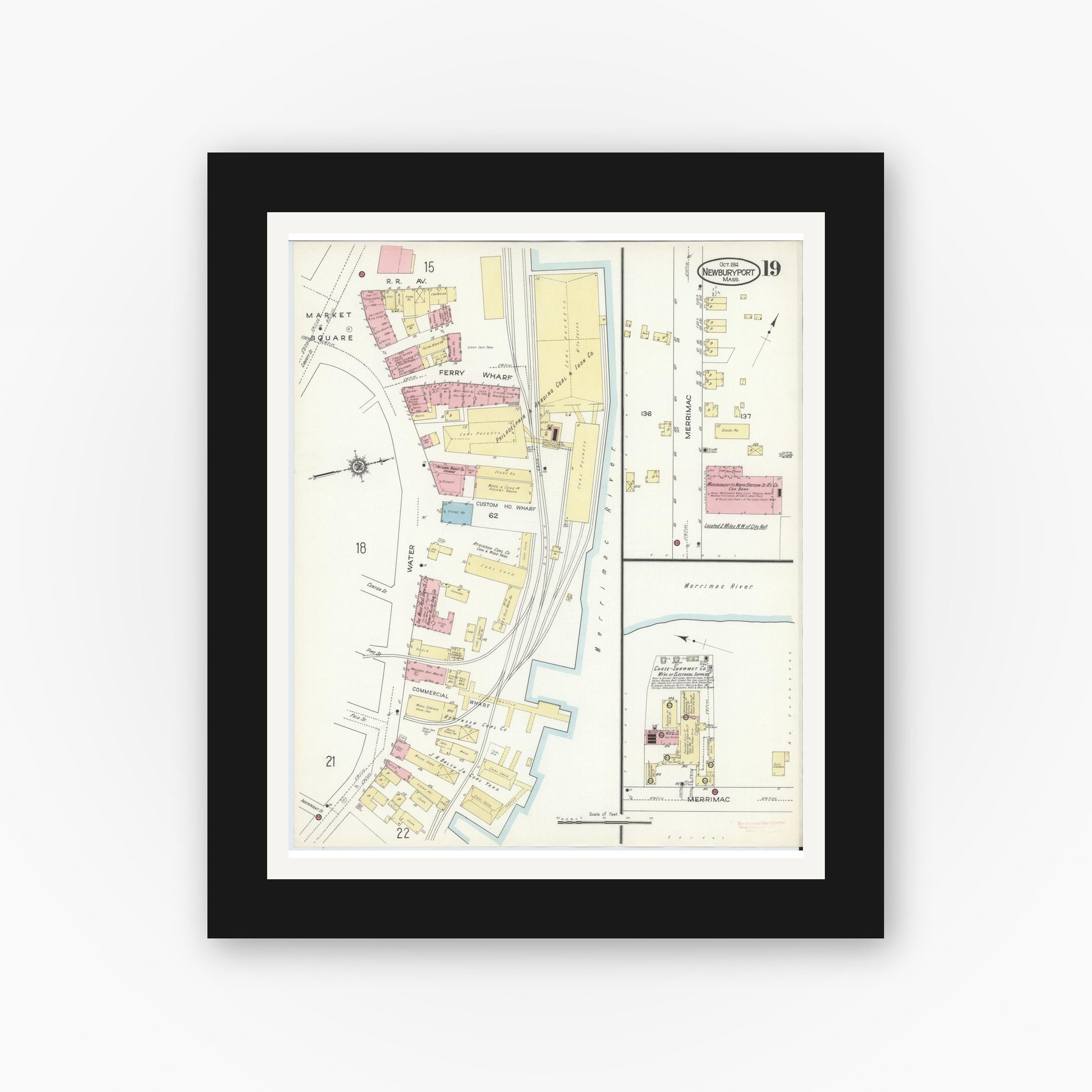 Old map wall art mockup — black gallery frame with white mat — Sanborn Fire Insurance Map from Newburyport, Essex County, Massachusetts (1914), Sheet #0019