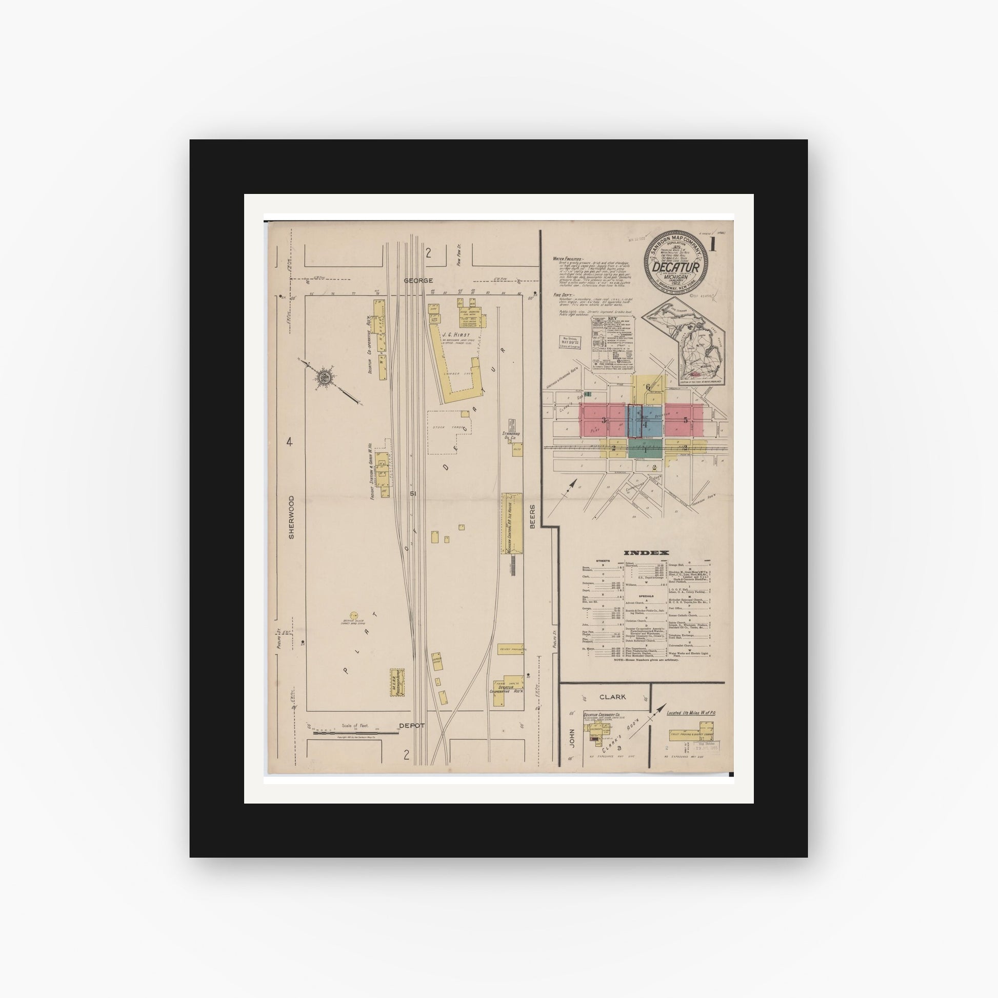 Old map wall art mockup — black gallery frame with white mat — Sanborn Fire Insurance Map from Decatur, Van Buren County, Michigan (1922) - Complete Map Set