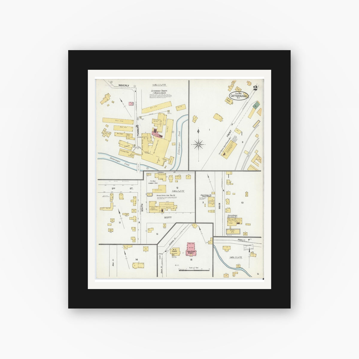 Old map wall art mockup — black gallery frame with white mat — Sanborn Fire Insurance Map from Cattaraugus, Cattaraugus County, New York (1902), Sheet #0002