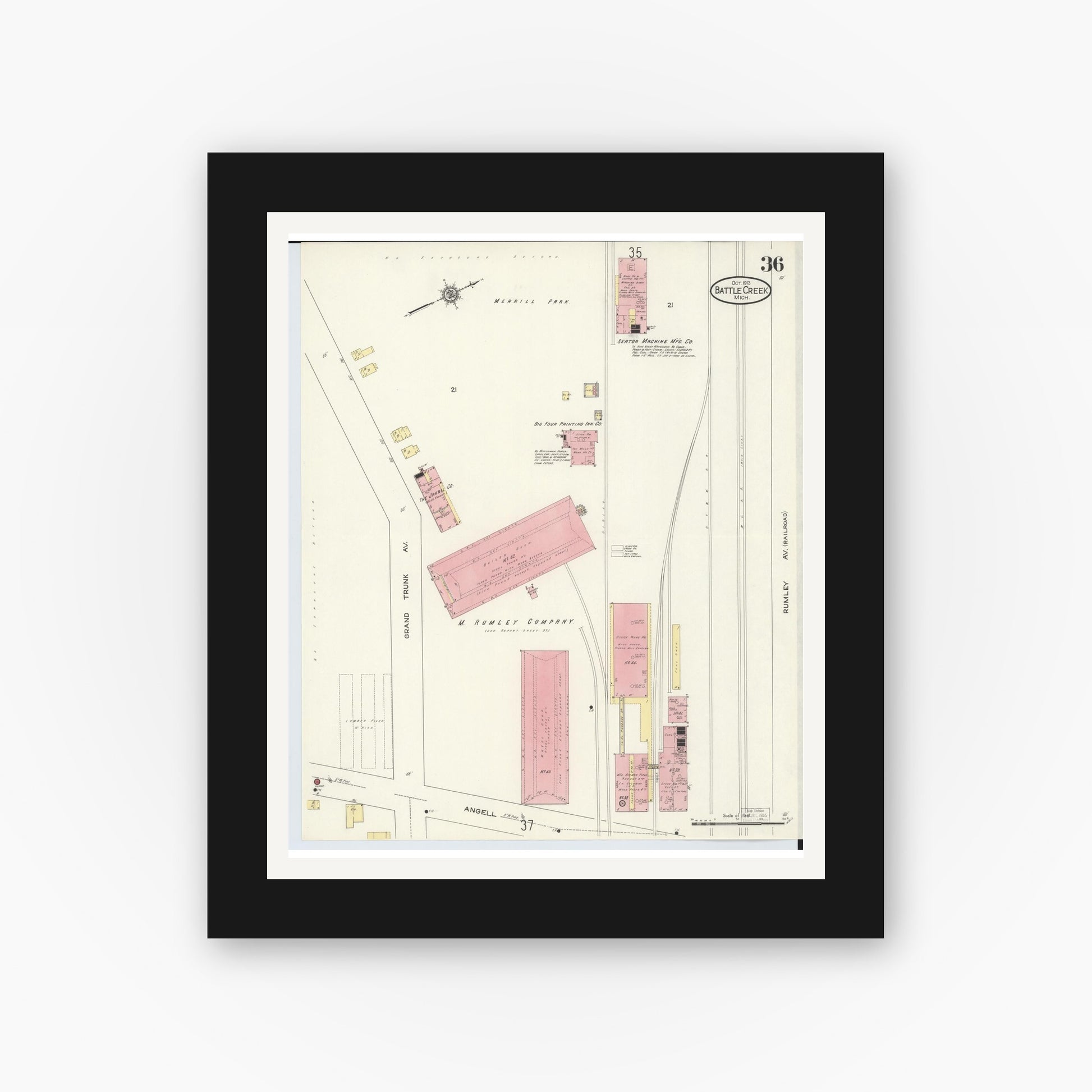Old map wall art mockup — black gallery frame with white mat — Sanborn Fire Insurance Map from Battle Creek, Calhoun County, Michigan (1913), Sheet #0036