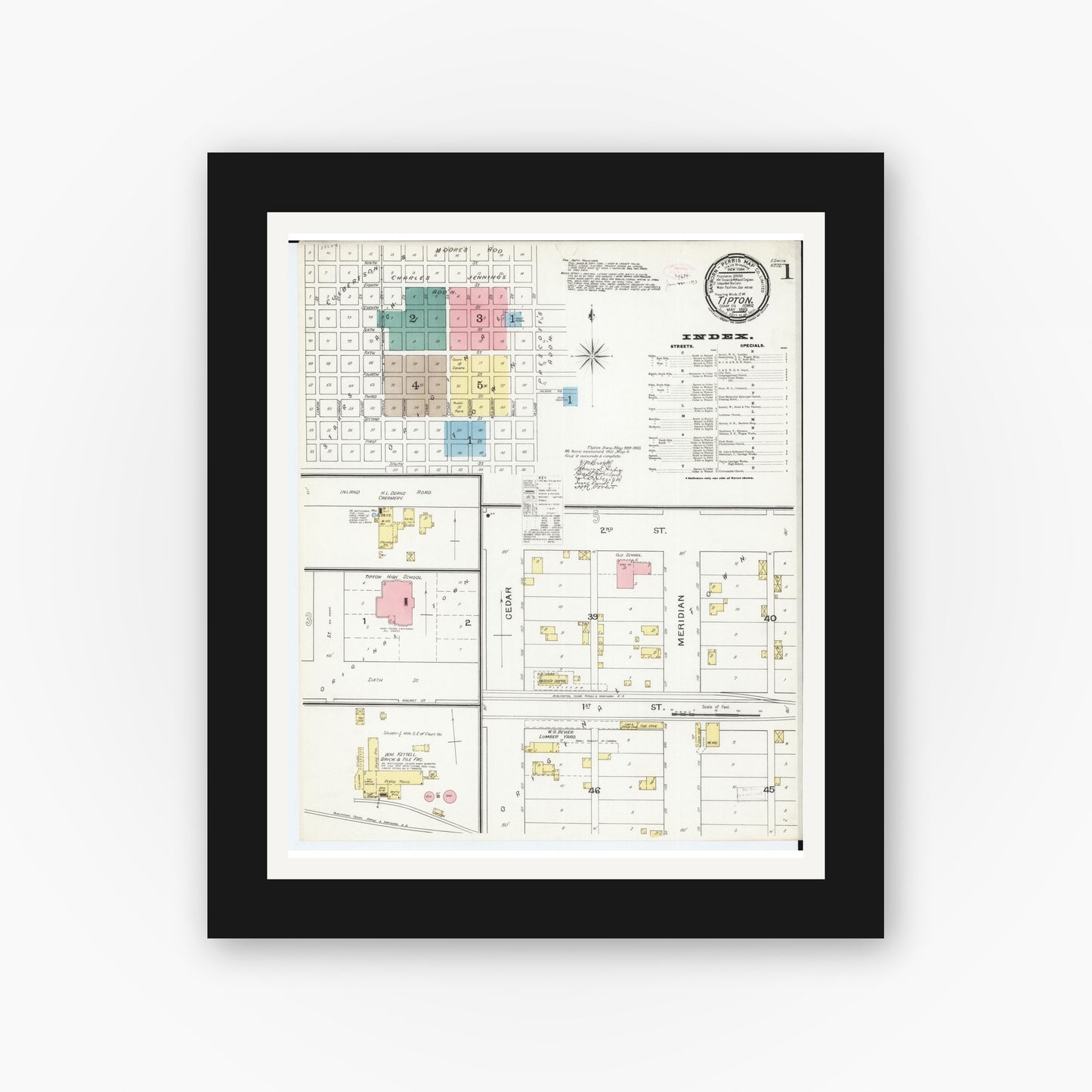Old map wall art mockup — black gallery frame with white mat — Sanborn Fire Insurance Map from Tipton, Cedar County, Iowa (1893), Sheet #0001
