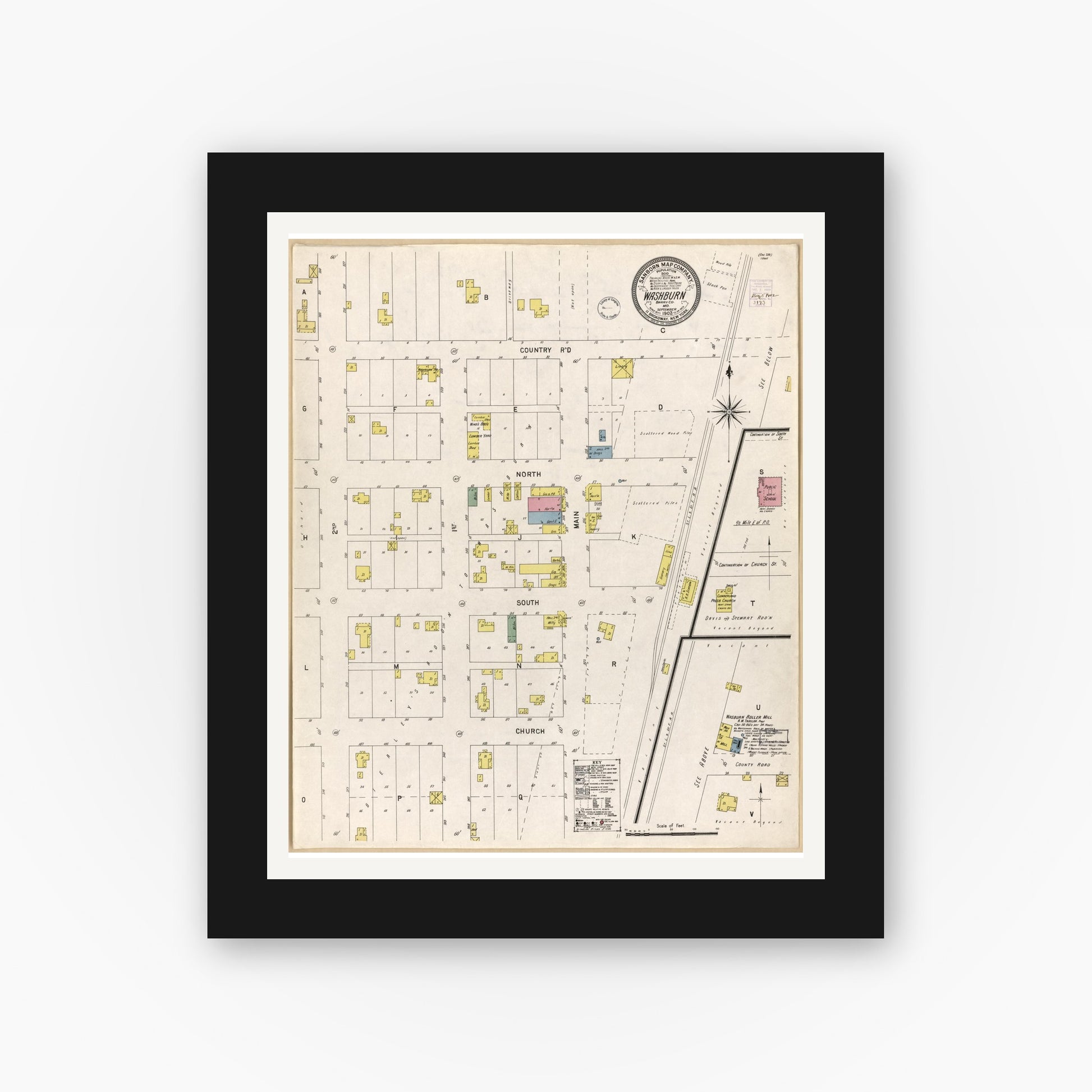 Old map wall art mockup — black gallery frame with white mat — Sanborn Fire Insurance Map from Washburn, Barry County, Missouri (1902), Sheet #0001