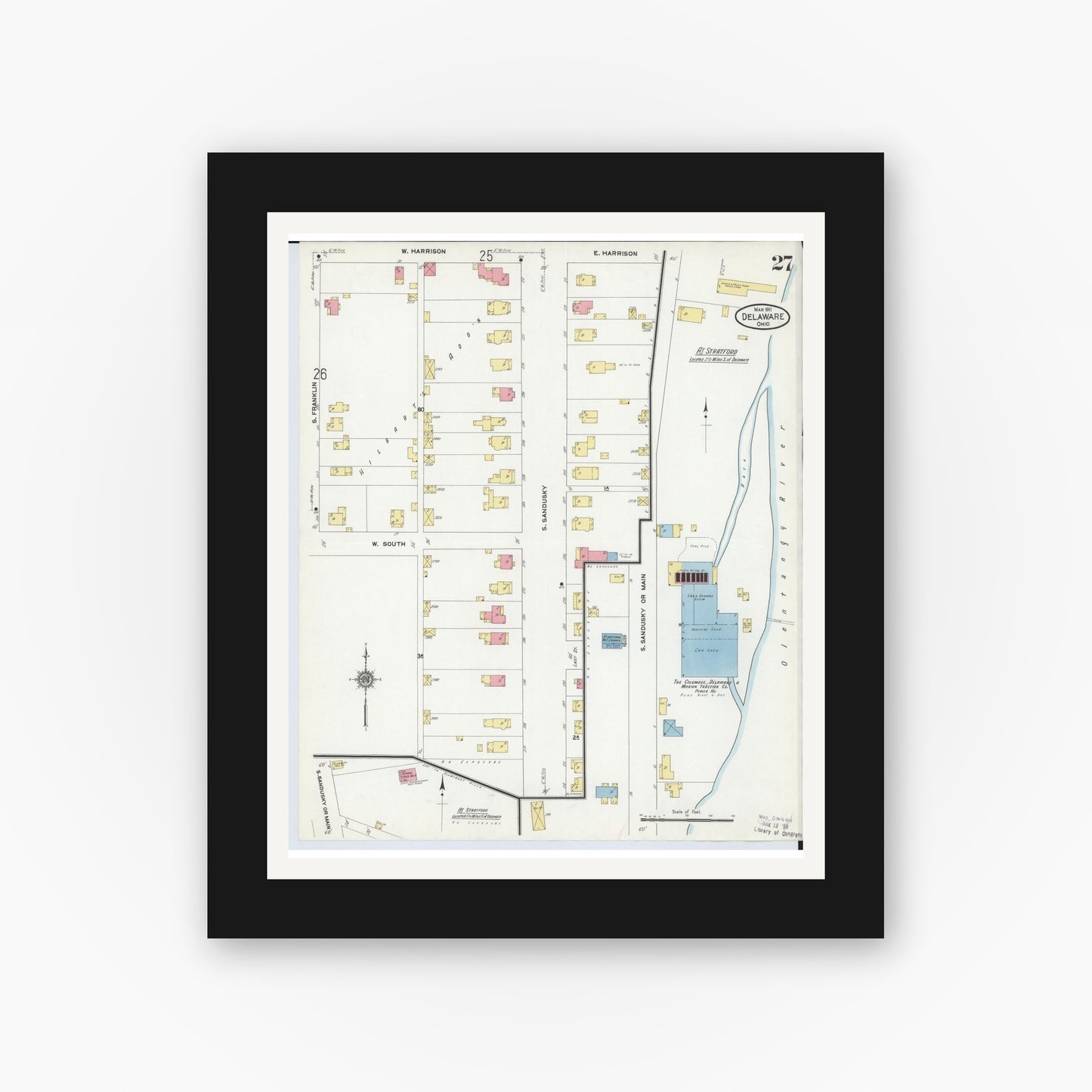 Old map wall art mockup — black gallery frame with white mat — Sanborn Fire Insurance Map from Delaware, Delaware County, Ohio (1911), Sheet #0027