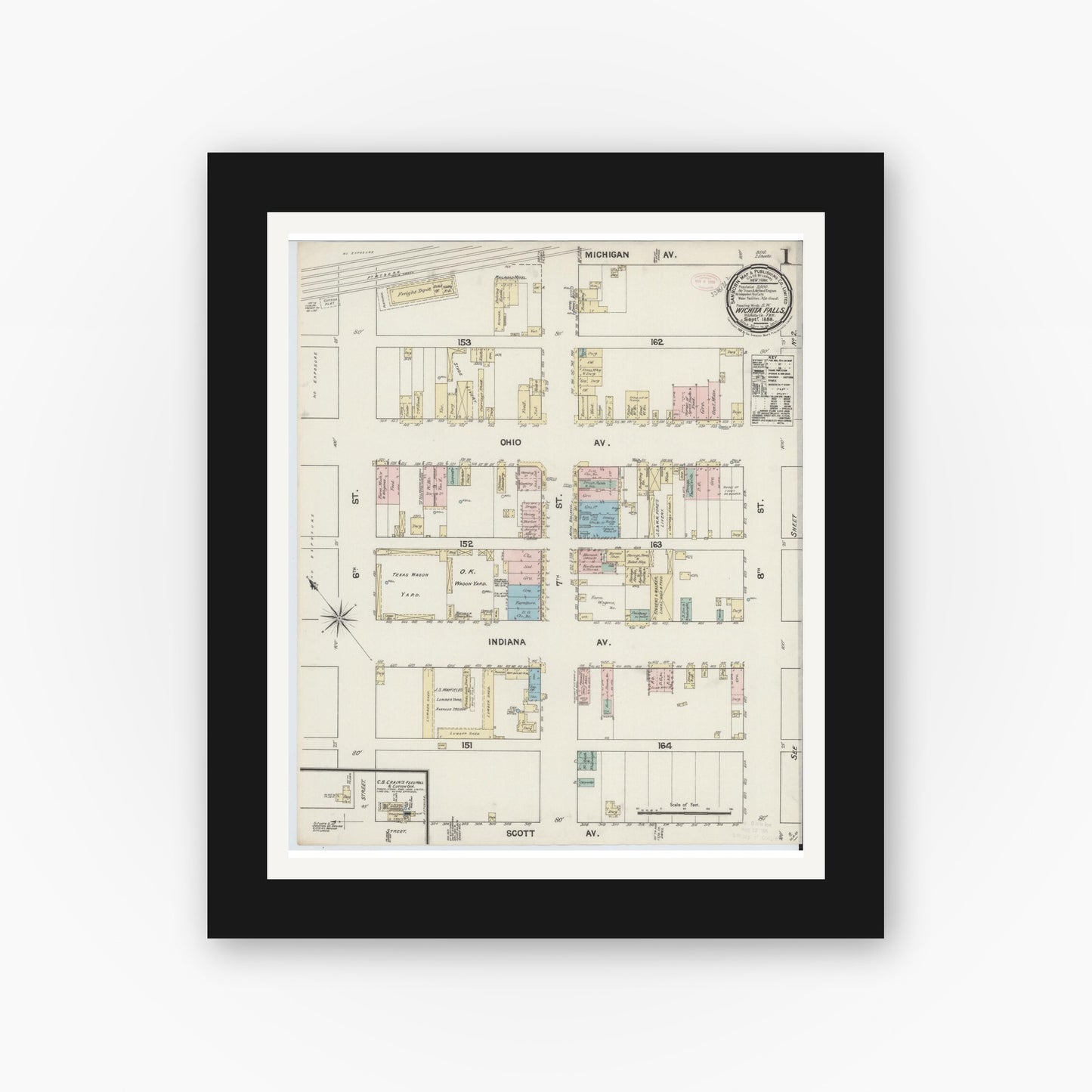 Old map wall art mockup — black gallery frame with white mat — Sanborn Fire Insurance Map from Wichita Falls, Wichita County, Texas (1889) - Complete Map Set