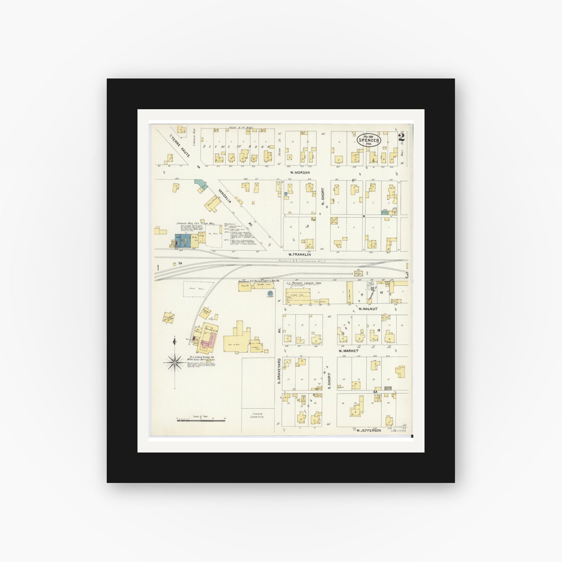 Old map wall art mockup — black gallery frame with white mat — Sanborn Fire Insurance Map from Spencer, Owen County, Indiana (1907), Sheet #0002