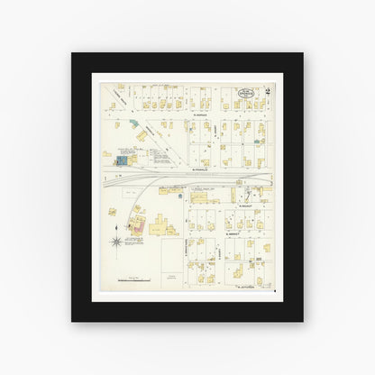 Old map wall art mockup — black gallery frame with white mat — Sanborn Fire Insurance Map from Spencer, Owen County, Indiana (1907), Sheet #0002