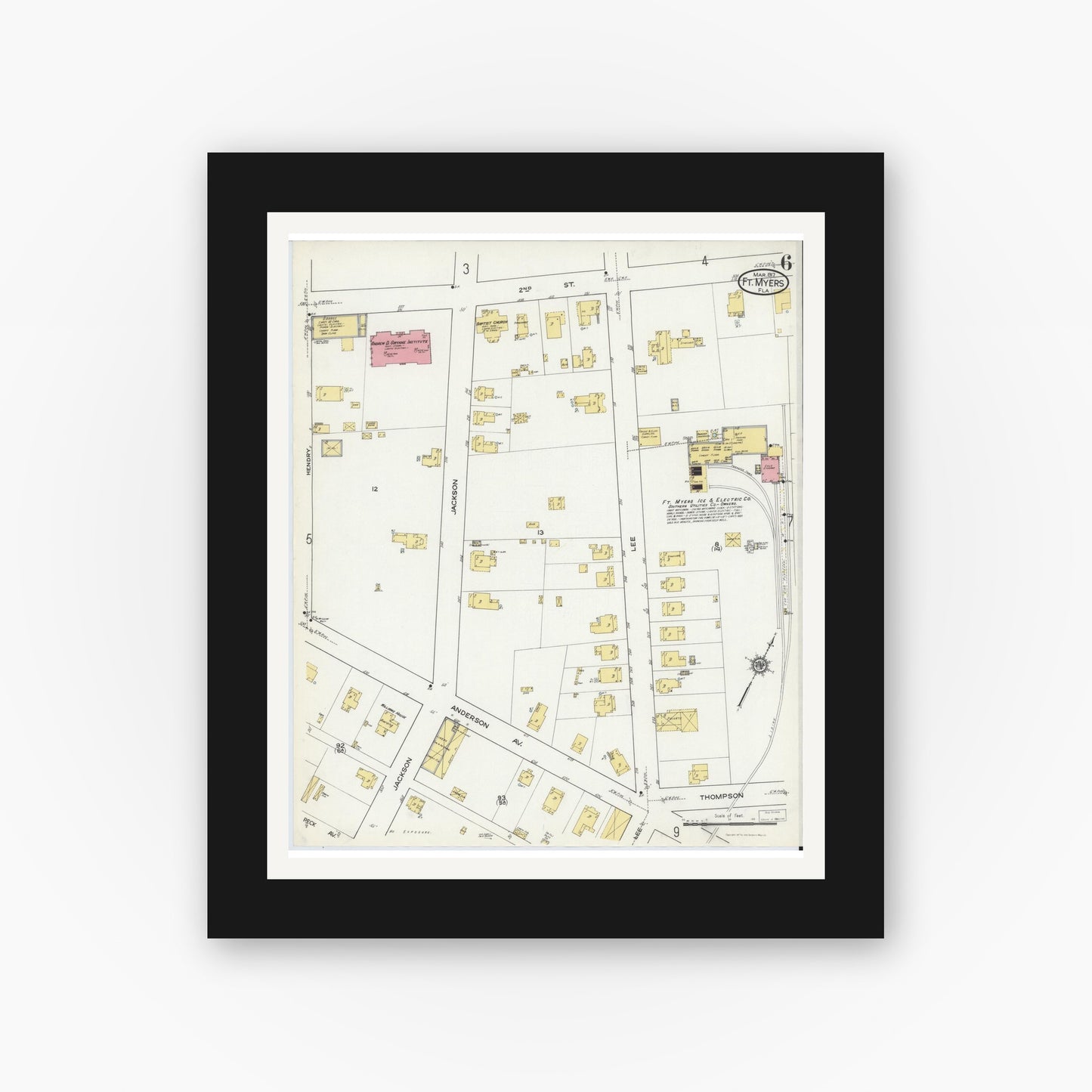 Old map wall art mockup — black gallery frame with white mat — Sanborn Fire Insurance Map from Fort Myers, Lee County, Florida (1917), Sheet #0006