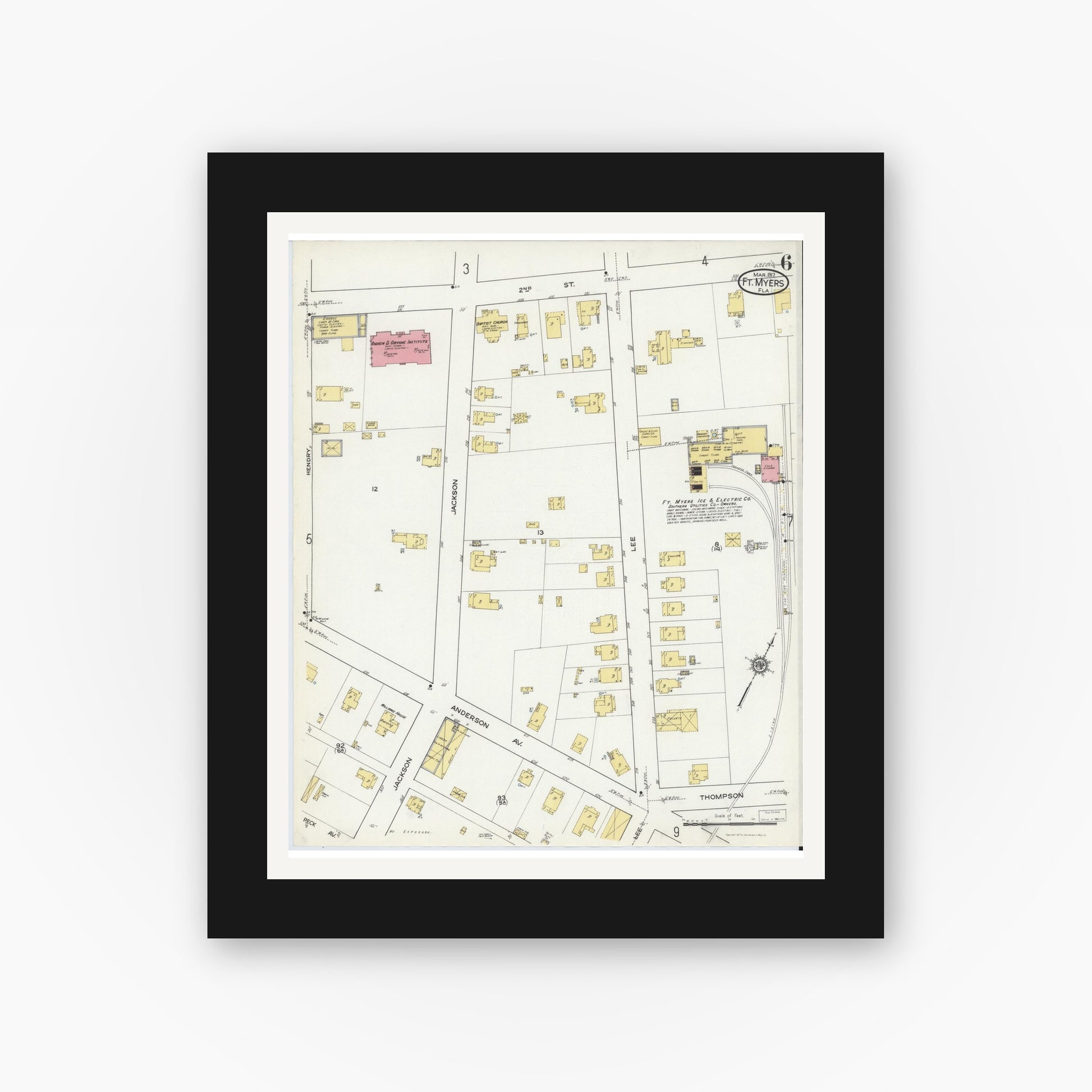 Old map wall art mockup — black gallery frame with white mat — Sanborn Fire Insurance Map from Fort Myers, Lee County, Florida (1917), Sheet #0006