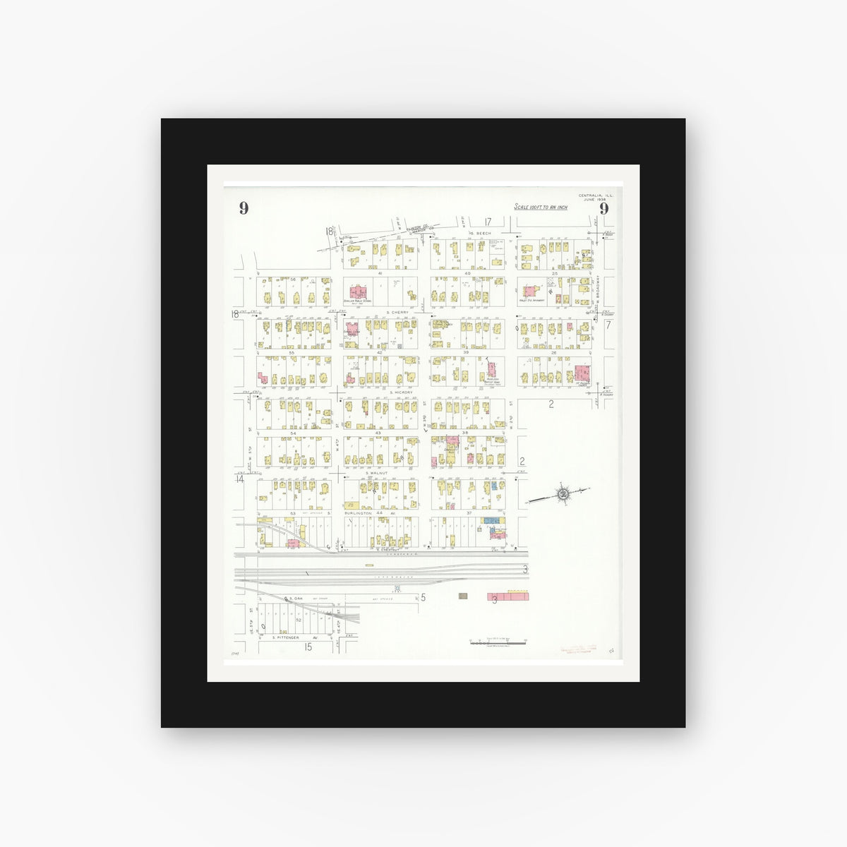 Old map wall art mockup — black gallery frame with white mat — Sanborn Fire Insurance Map from Centralia, Marion, Clinton, Jefferson, and Washington Counties, Illinois (1938), Sheet #0009