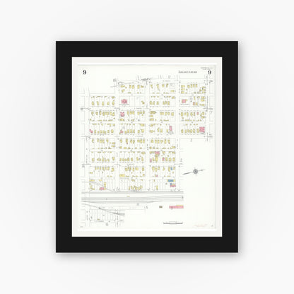 Old map wall art mockup — black gallery frame with white mat — Sanborn Fire Insurance Map from Centralia, Marion, Clinton, Jefferson, and Washington Counties, Illinois (1938), Sheet #0009