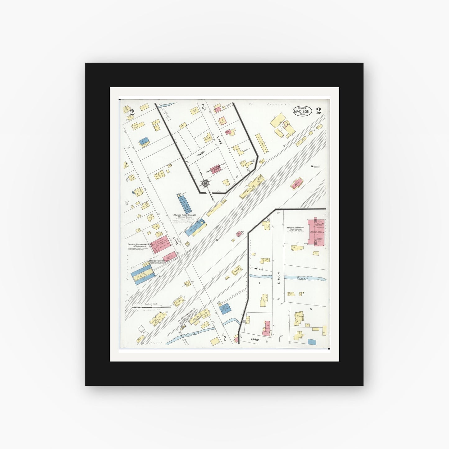 Old map wall art mockup — black gallery frame with white mat — Sanborn Fire Insurance Map from Madison, Lake County, Ohio (1924), Sheet #0002