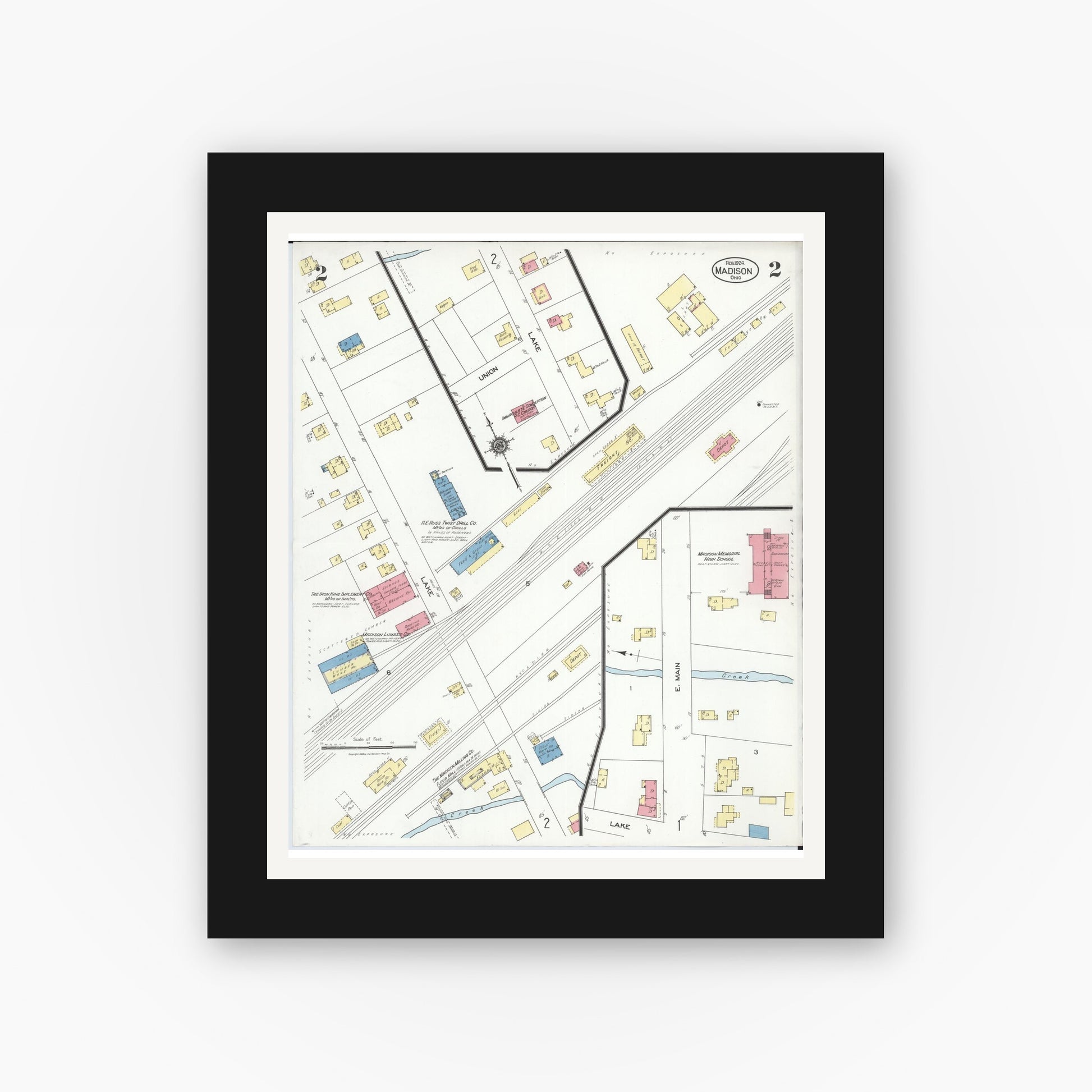 Old map wall art mockup — black gallery frame with white mat — Sanborn Fire Insurance Map from Madison, Lake County, Ohio (1924), Sheet #0002