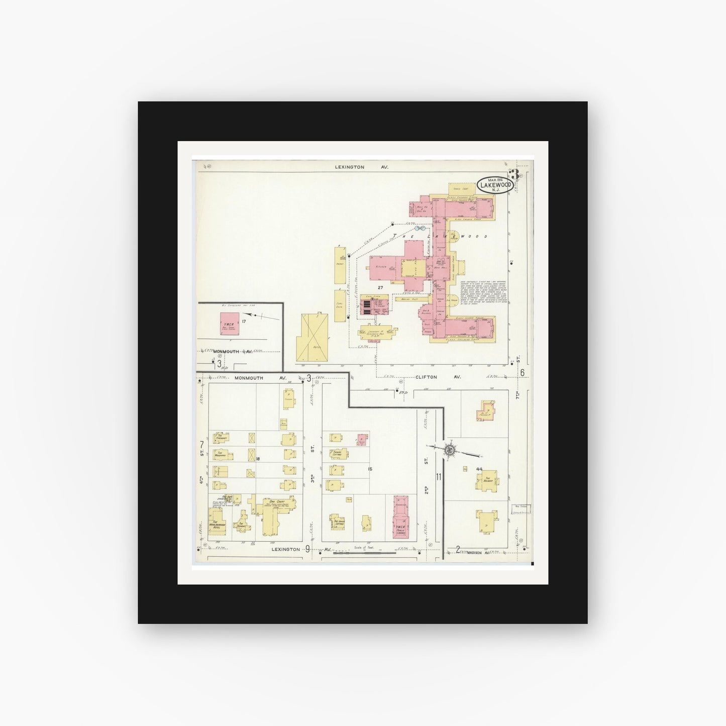 Old map wall art mockup — black gallery frame with white mat — Sanborn Fire Insurance Map from Lakewood, Ocean County, New Jersey (1916), Sheet #0003