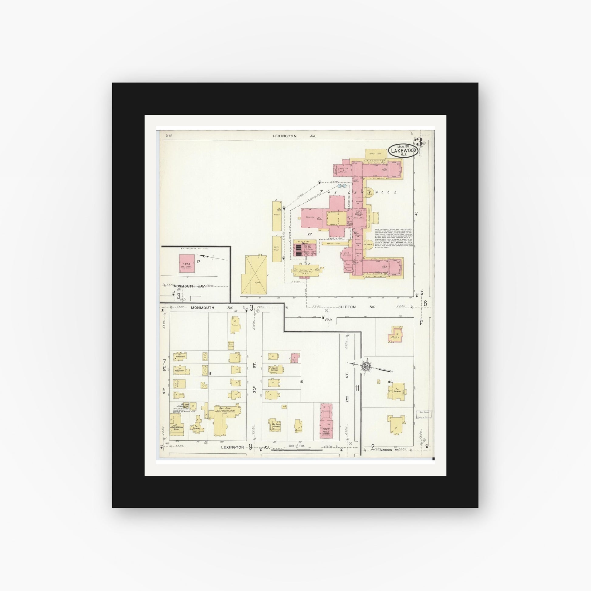 Old map wall art mockup — black gallery frame with white mat — Sanborn Fire Insurance Map from Lakewood, Ocean County, New Jersey (1916), Sheet #0003