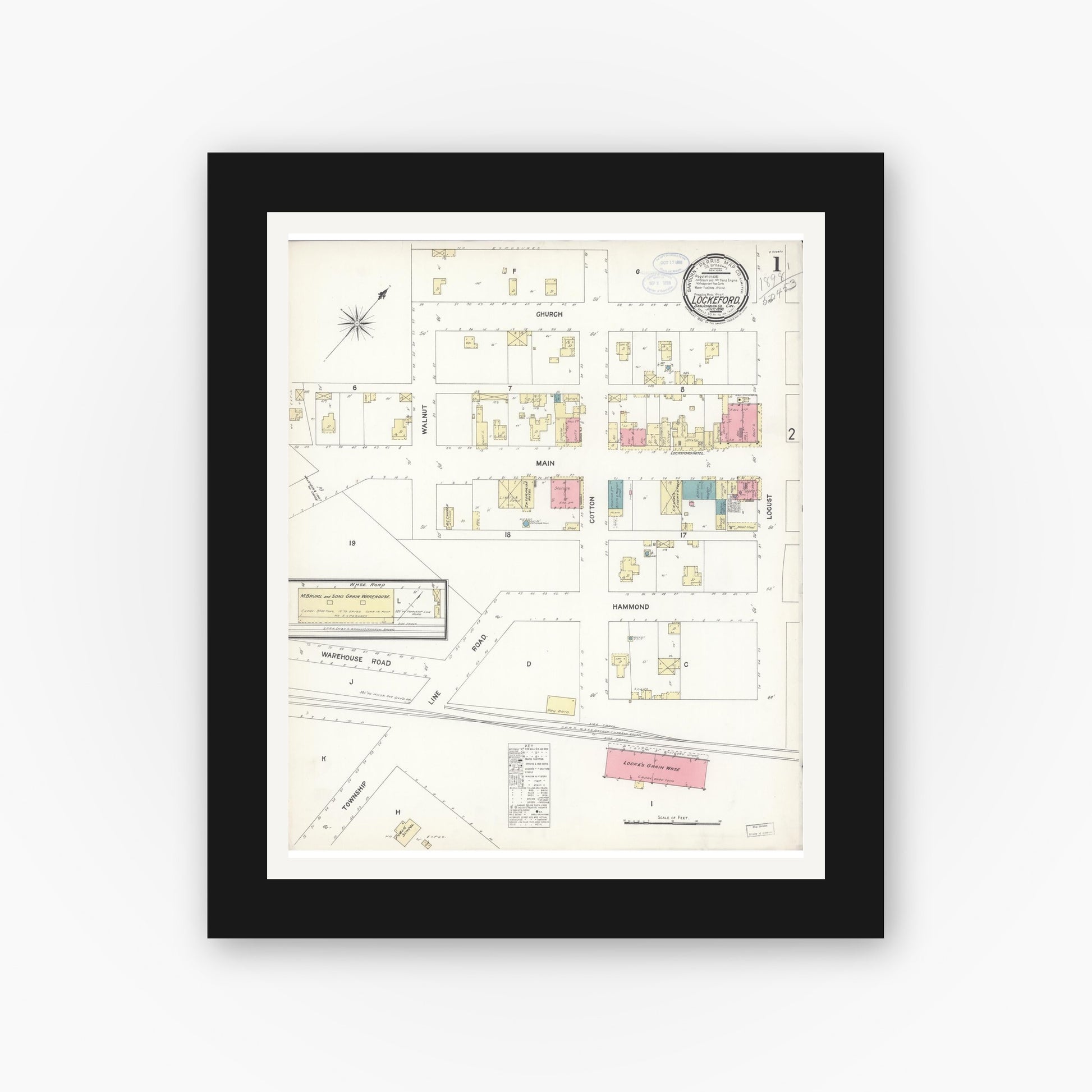 Old map wall art mockup — black gallery frame with white mat — Sanborn Fire Insurance Map from Lockeford, San Joaquin County, California (1898), Sheet #0001
