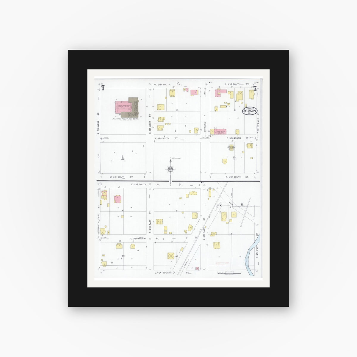 Old map wall art mockup — black gallery frame with white mat — Sanborn Fire Insurance Map from Jackson, Cape Girardeau County, Missouri (1931), Sheet #0007