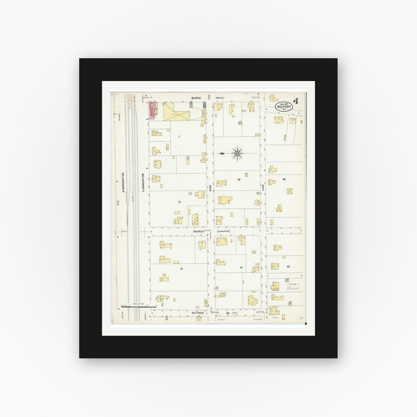 Old map wall art mockup — black gallery frame with white mat — Sanborn Fire Insurance Map from Hickory, Catawba County, North Carolina (1907), Sheet #0004