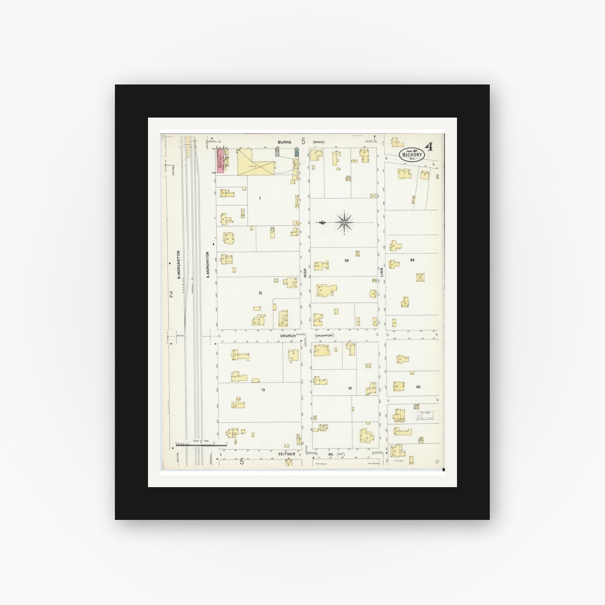 Old map wall art mockup — black gallery frame with white mat — Sanborn Fire Insurance Map from Hickory, Catawba County, North Carolina (1907), Sheet #0004