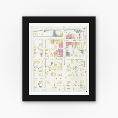 Old map wall art mockup — black gallery frame with white mat — Sanborn Fire Insurance Map from Constantine, Saint Joseph County, Michigan (1916), Sheet #0002