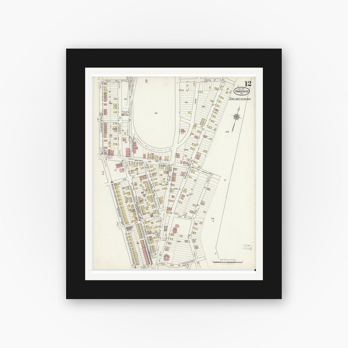 Old map wall art mockup — black gallery frame with white mat — Sanborn Fire Insurance Map from Ambridge, Beaver County, Pennsylvania (1917), Sheet #0012