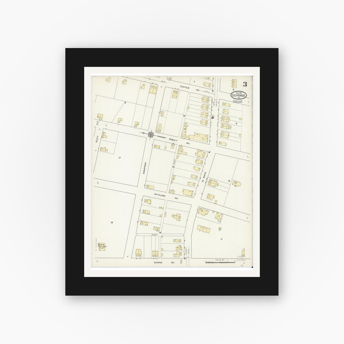 Old map wall art mockup — black gallery frame with white mat — Sanborn Fire Insurance Map from Old Forge, Lackawanna County, Pennsylvania (1914), Sheet #0003