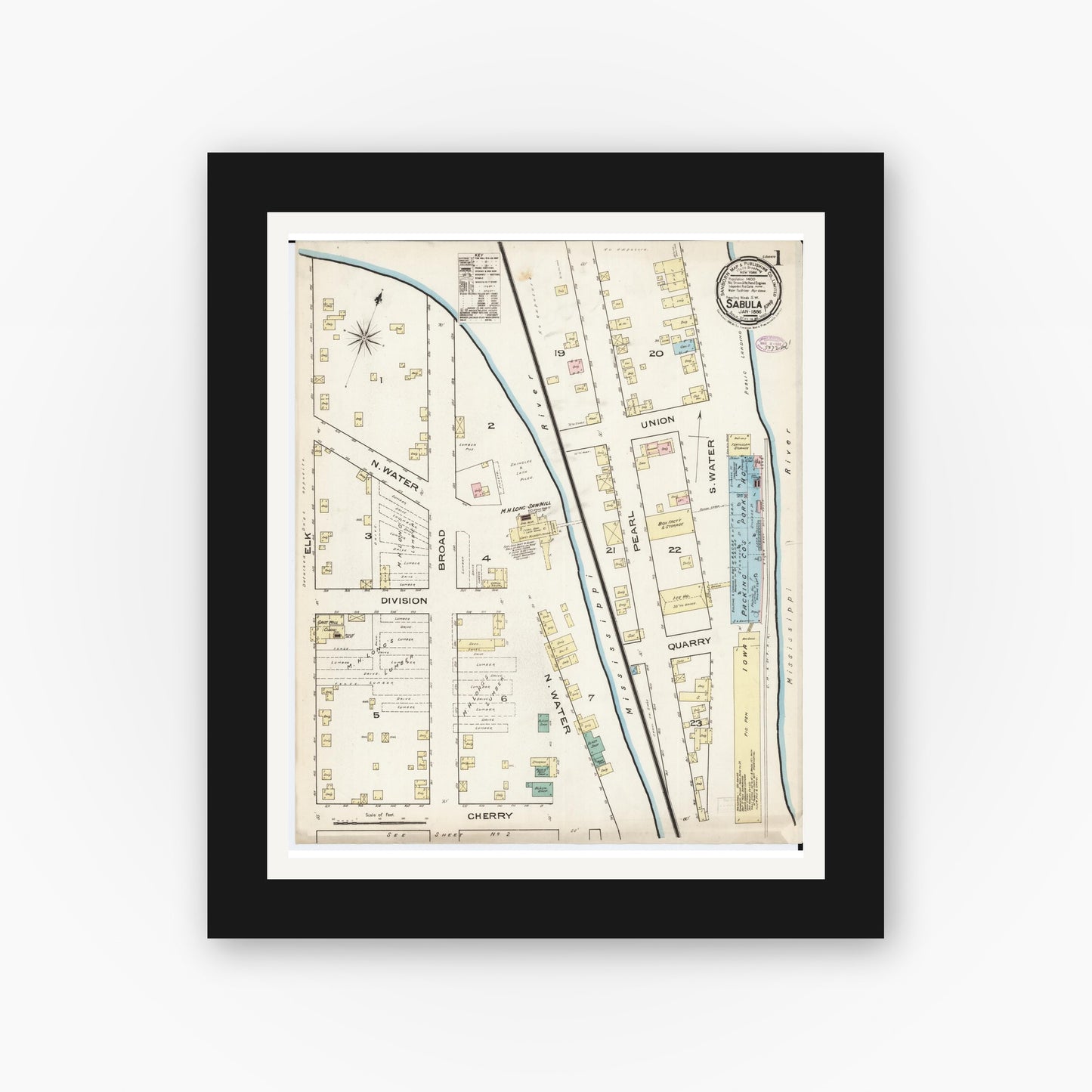 Old map wall art mockup — black gallery frame with white mat — Sanborn Fire Insurance Map from Sabula, Jackson County, Iowa (1886), Sheet #0001