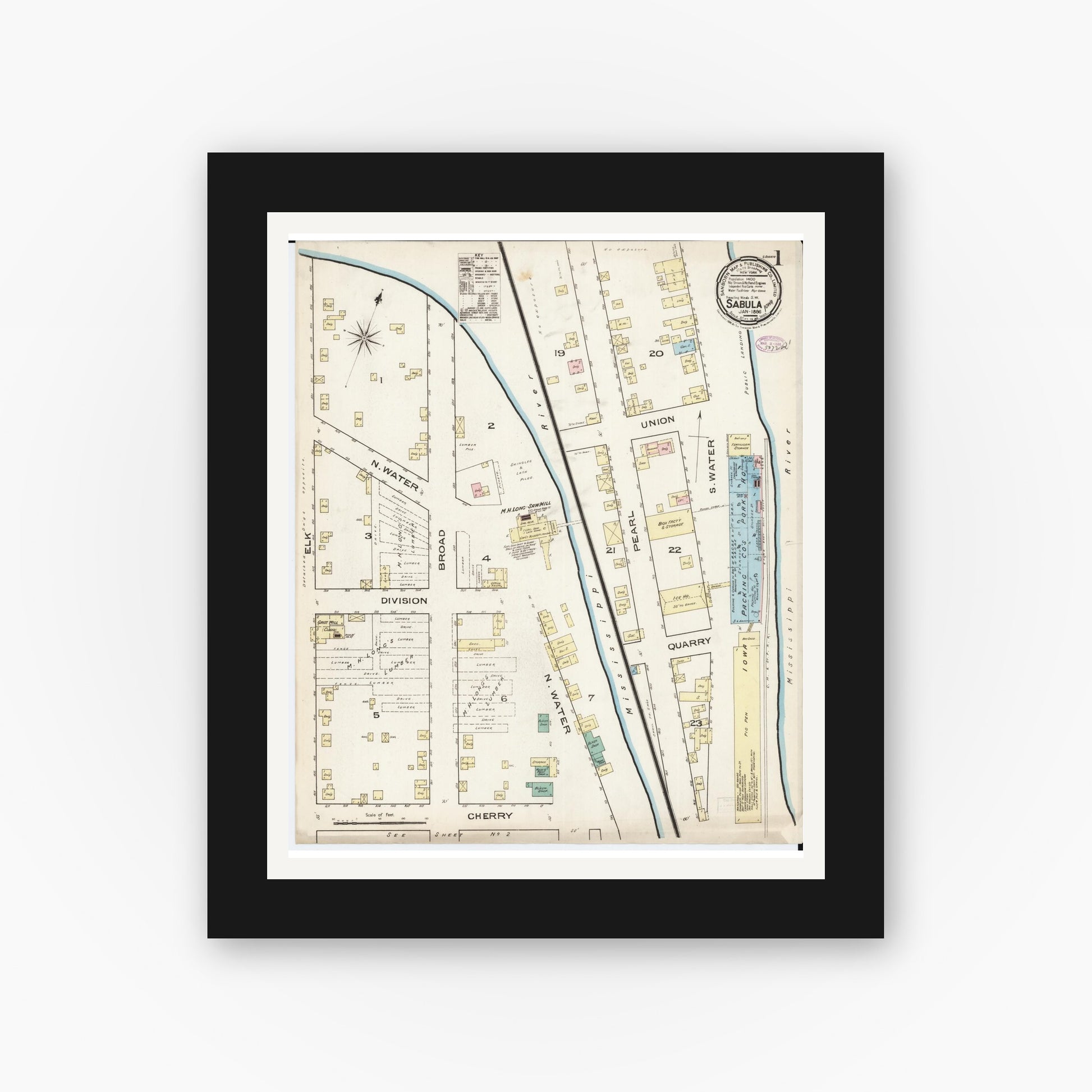 Old map wall art mockup — black gallery frame with white mat — Sanborn Fire Insurance Map from Sabula, Jackson County, Iowa (1886), Sheet #0001