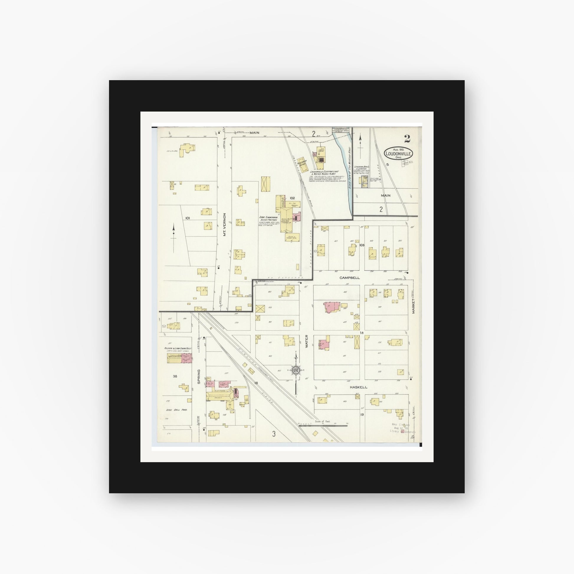 Old map wall art mockup — black gallery frame with white mat — Sanborn Fire Insurance Map from Loudonville, Ashland County, Ohio (1913), Sheet #0002