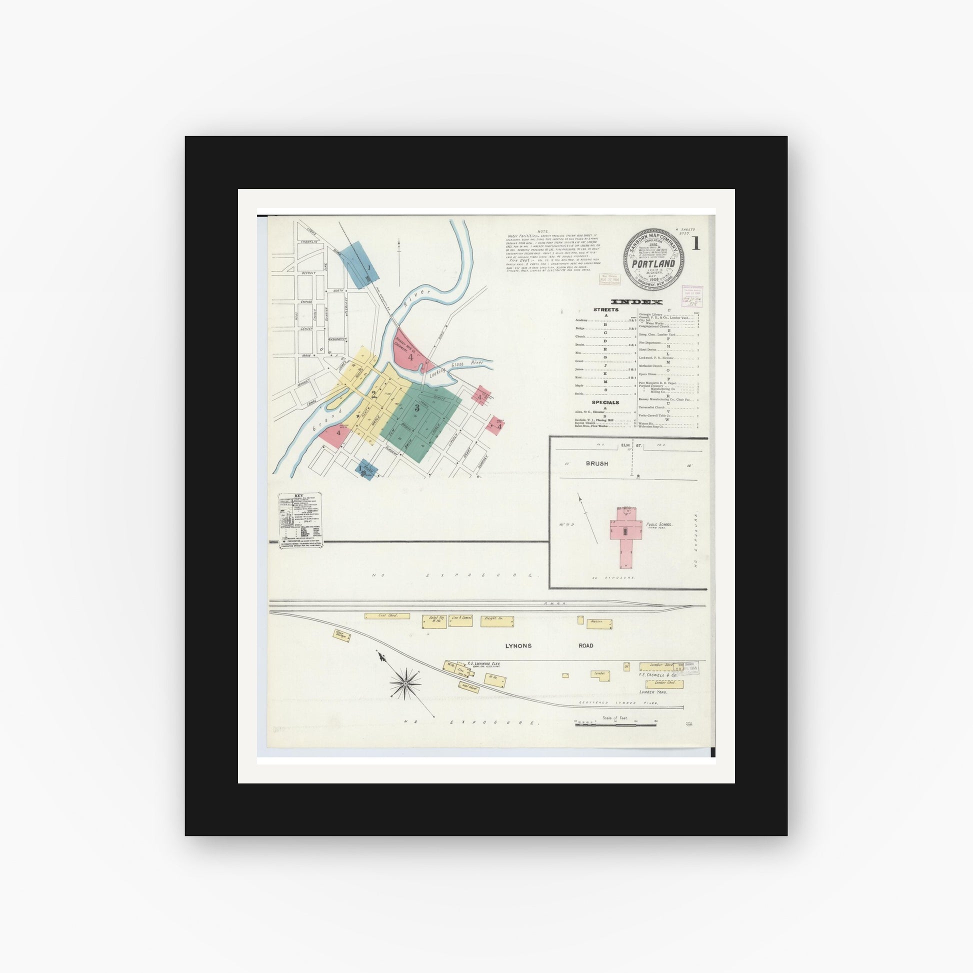 Old map wall art mockup — black gallery frame with white mat — Sanborn Fire Insurance Map from Portland, Ionia County, Michigan (1906) - Complete Map Set