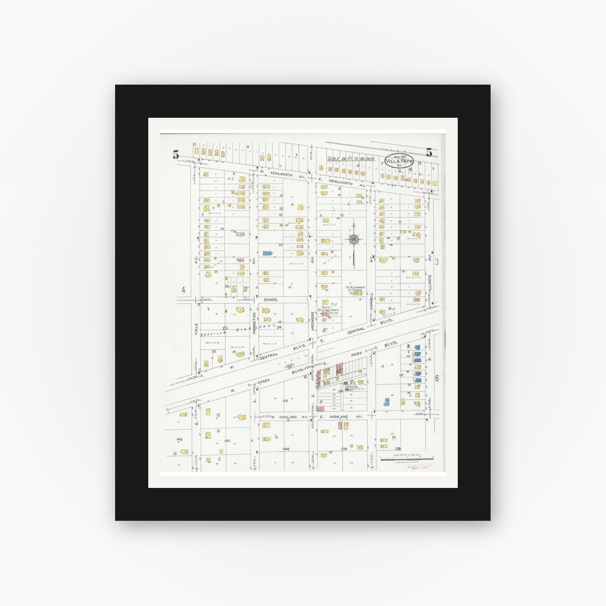 Old map wall art mockup — black gallery frame with white mat — Sanborn Fire Insurance Map from Villa Park, Du Page County, Illinois (1925), Sheet #0005
