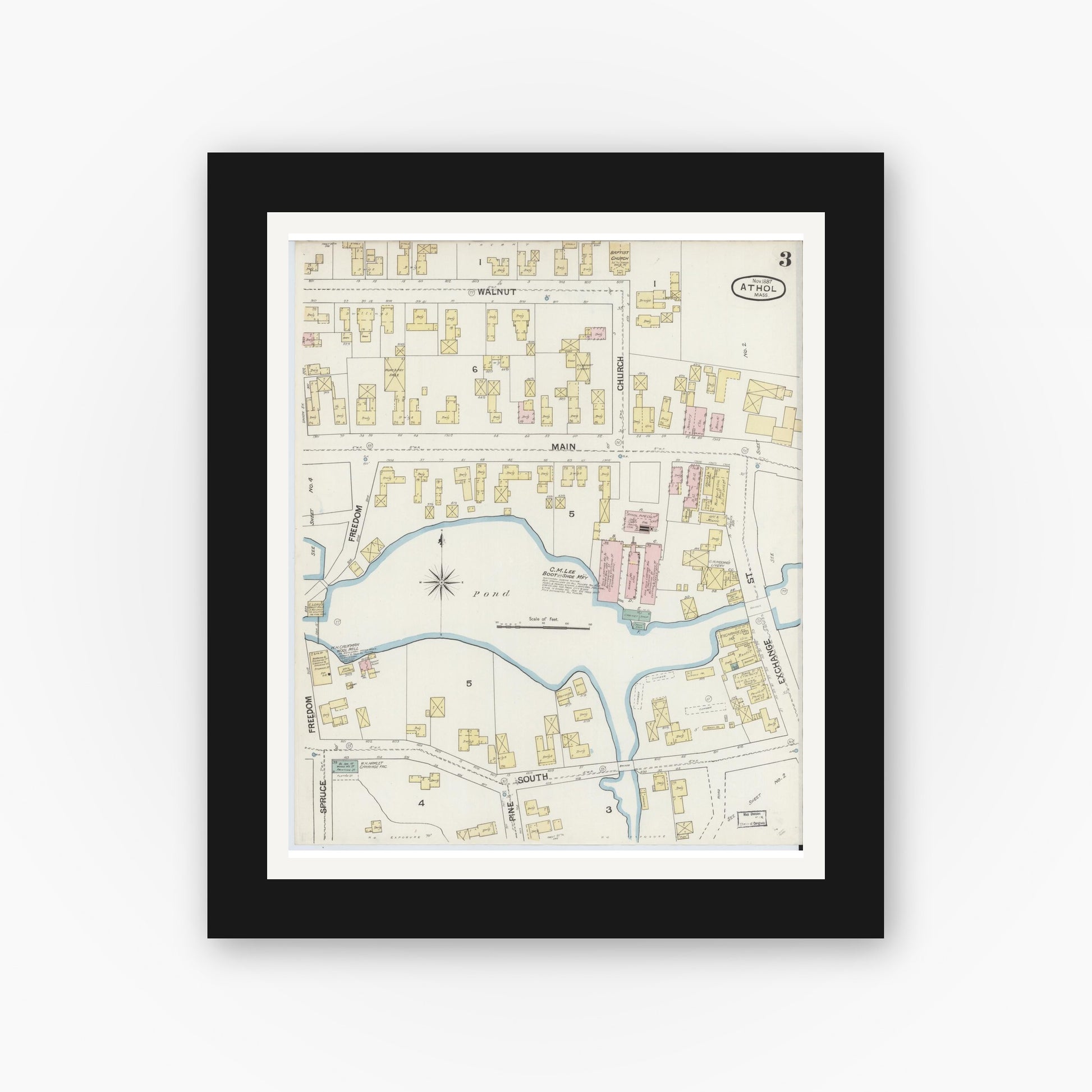 Old map wall art mockup — black gallery frame with white mat — Sanborn Fire Insurance Map from Athol, Worcester County, Massachusetts (1887), Sheet #0003