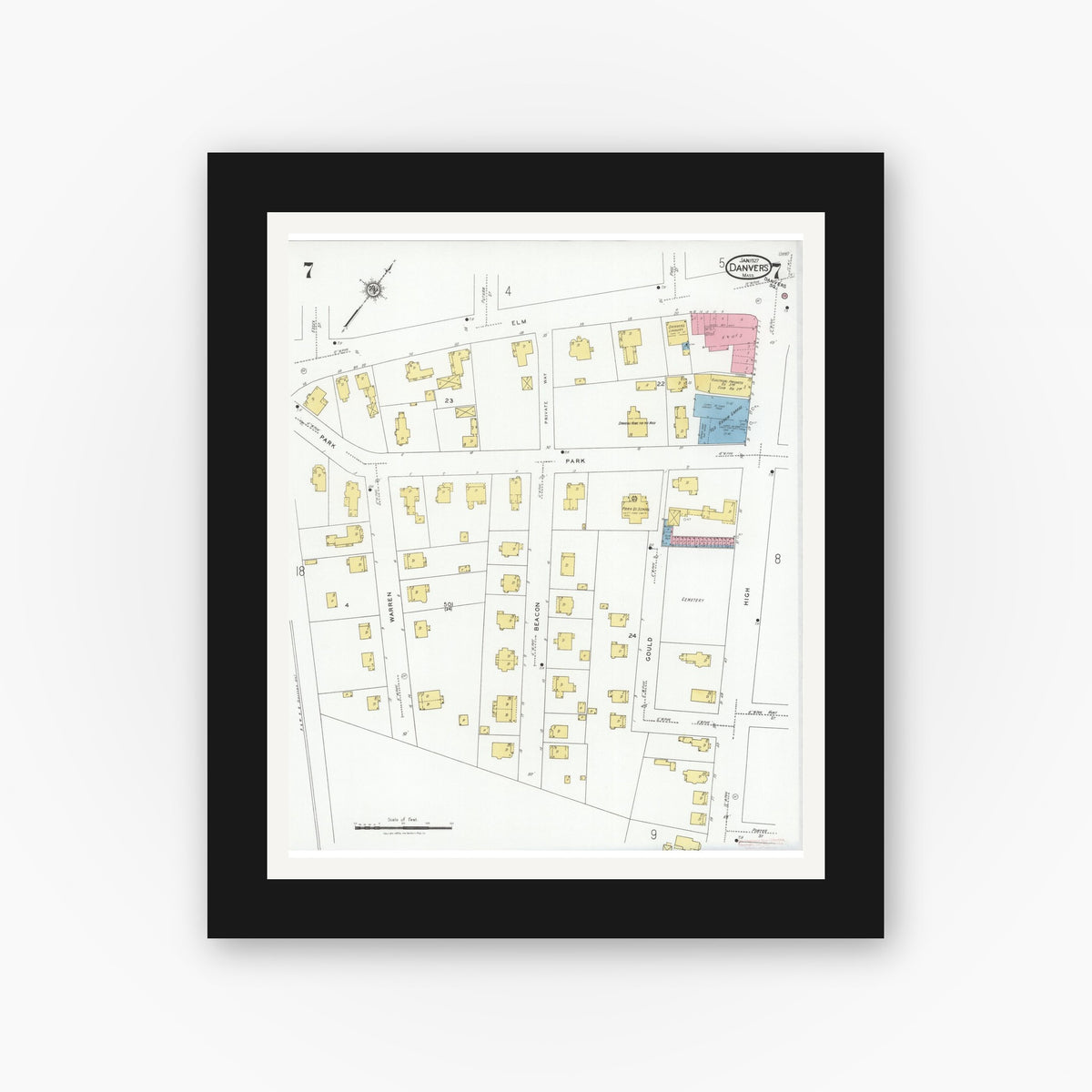 Old map wall art mockup — black gallery frame with white mat — Sanborn Fire Insurance Map from Danvers, Essex County, Massachusetts (1927), Sheet #0007