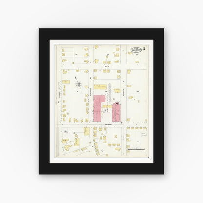 Old map wall art mockup — black gallery frame with white mat — Sanborn Fire Insurance Map from Rocky Mount, Edgecombe And Nash Counties, North Carolina (1907), Sheet #0003