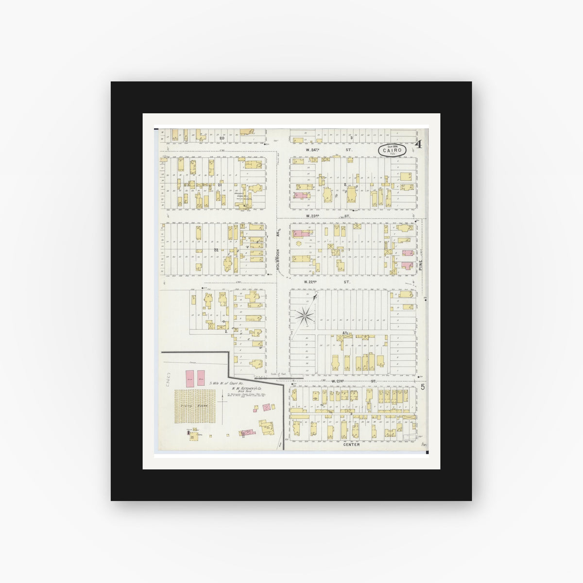 Old map wall art mockup — black gallery frame with white mat — Sanborn Fire Insurance Map from Cairo, Alexander County, Illinois (1896), Sheet #0004