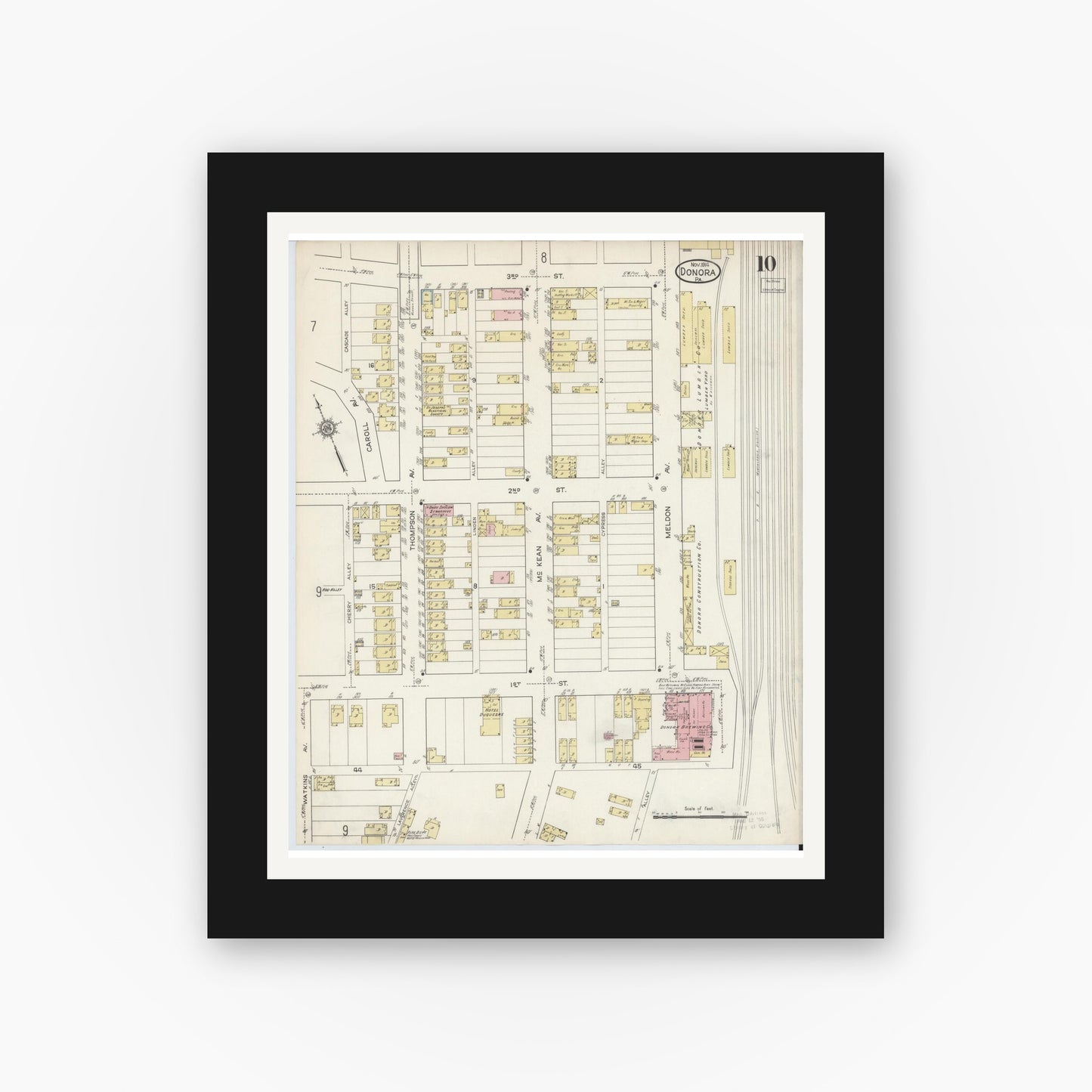 Old map wall art mockup — black gallery frame with white mat — Sanborn Fire Insurance Map from Donora, Washington County, Pennsylvania (1914), Sheet #0010