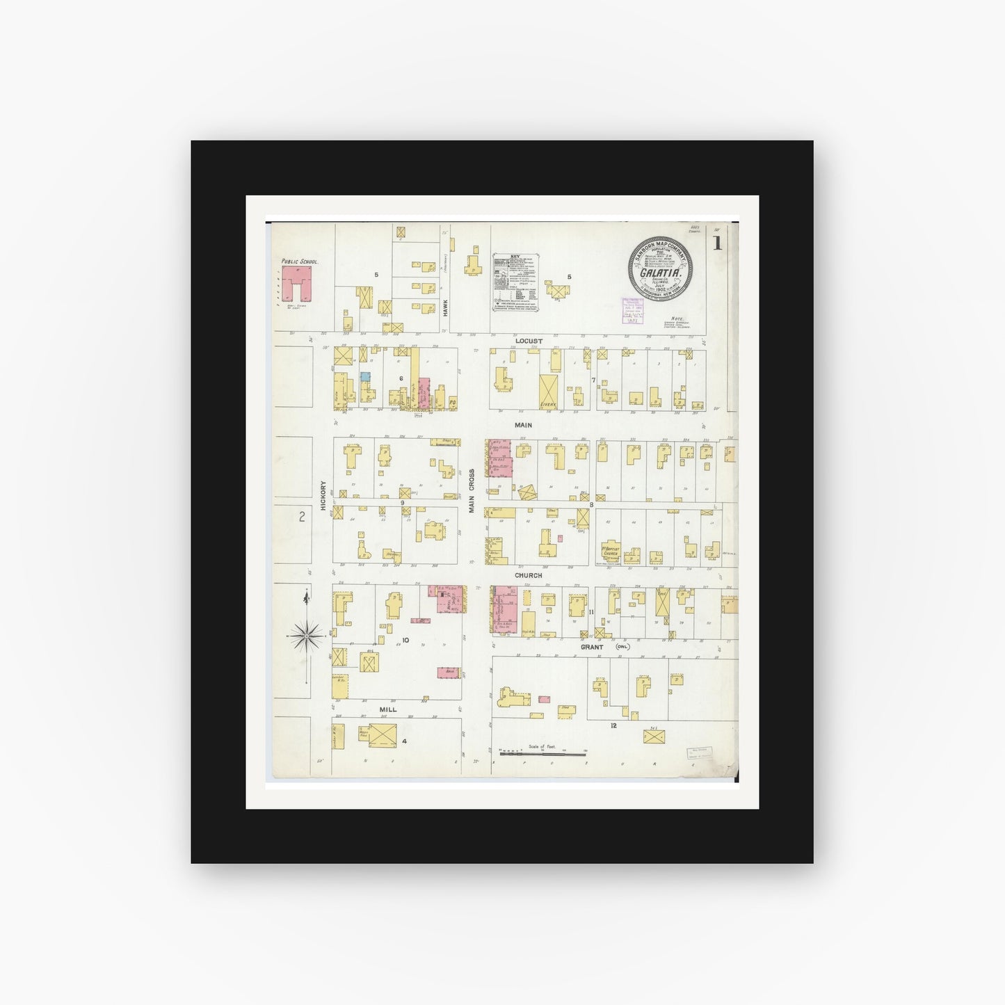 Old map wall art mockup — black gallery frame with white mat — Sanborn Fire Insurance Map from Galatia, Saline County, Illinois (1902) - Complete Map Set