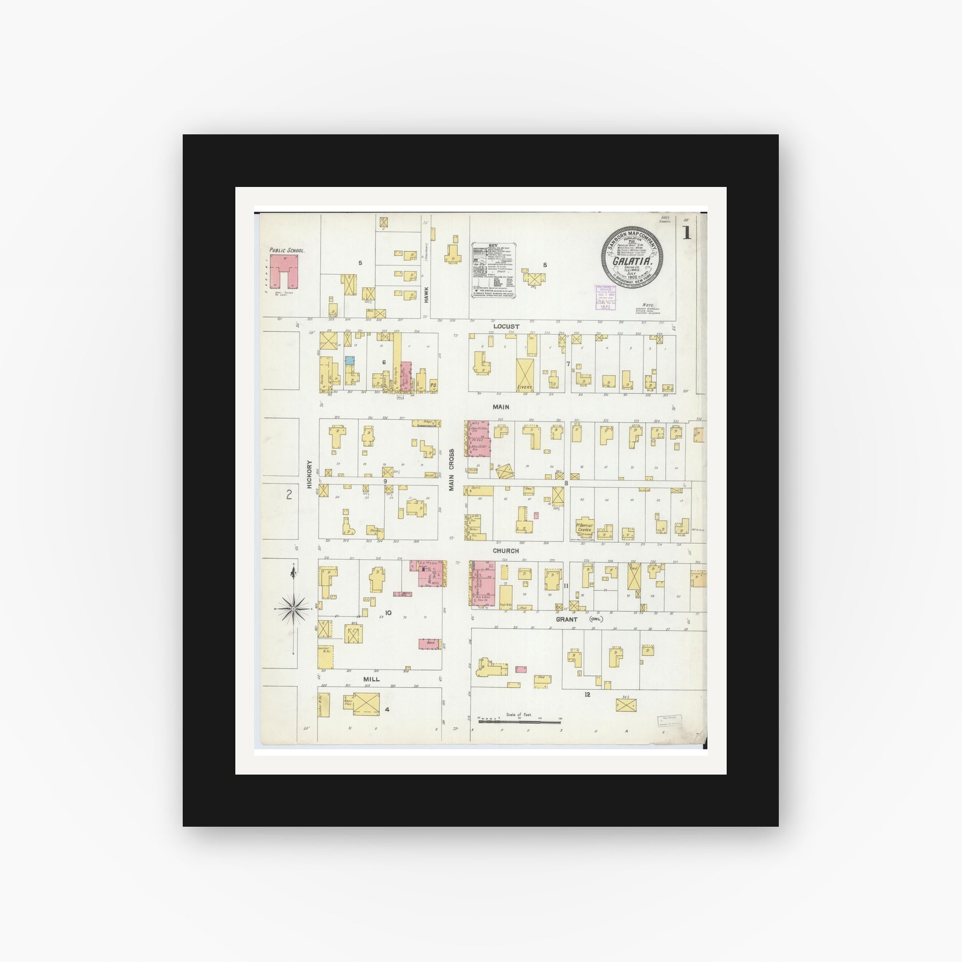 Old map wall art mockup — black gallery frame with white mat — Sanborn Fire Insurance Map from Galatia, Saline County, Illinois (1902) - Complete Map Set